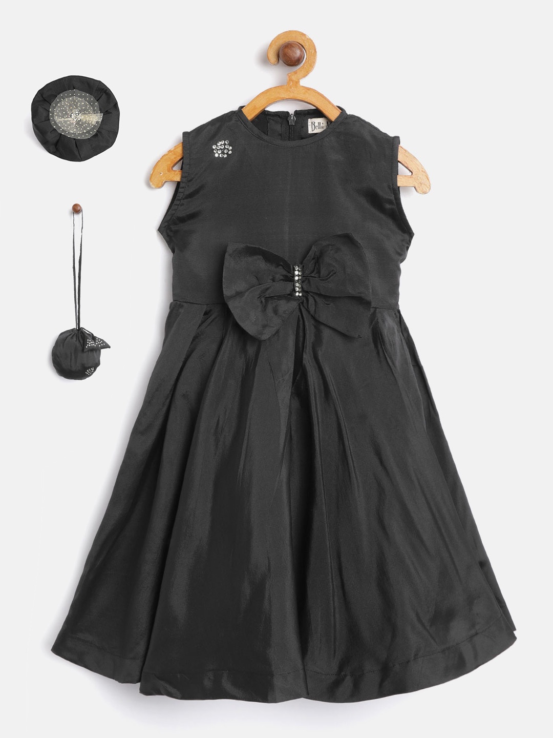 

Bella Moda Girls Black Solid Fit and Flare Dress with Potli & Hairband