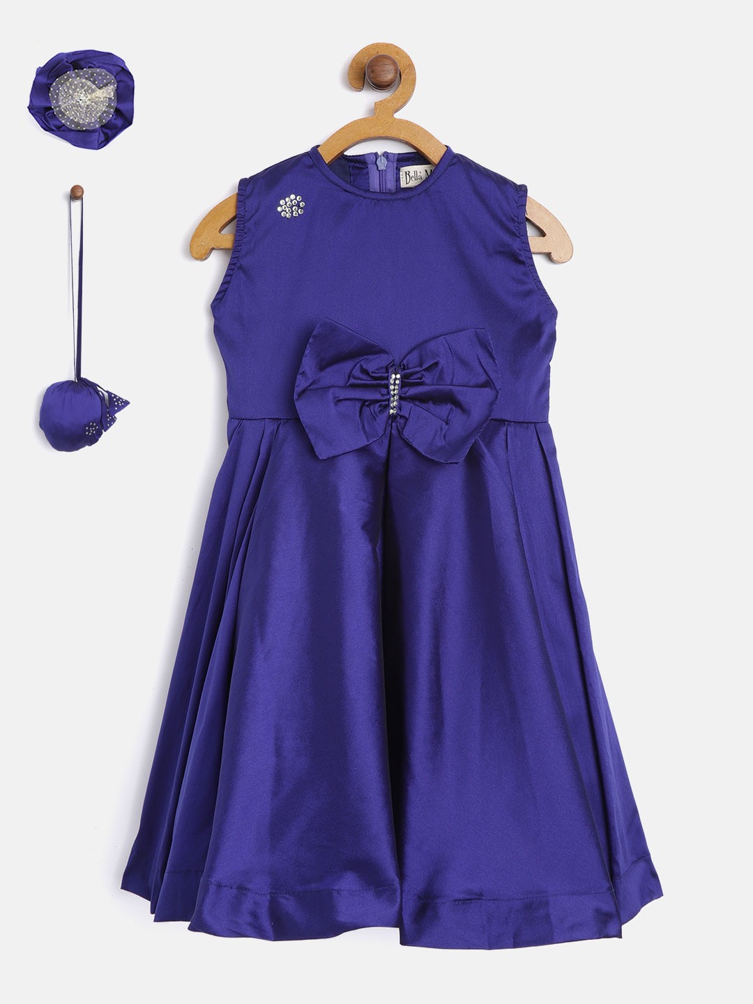 

Bella Moda Girls Blue Solid Fit and Flare Dress with Potli & Hairband