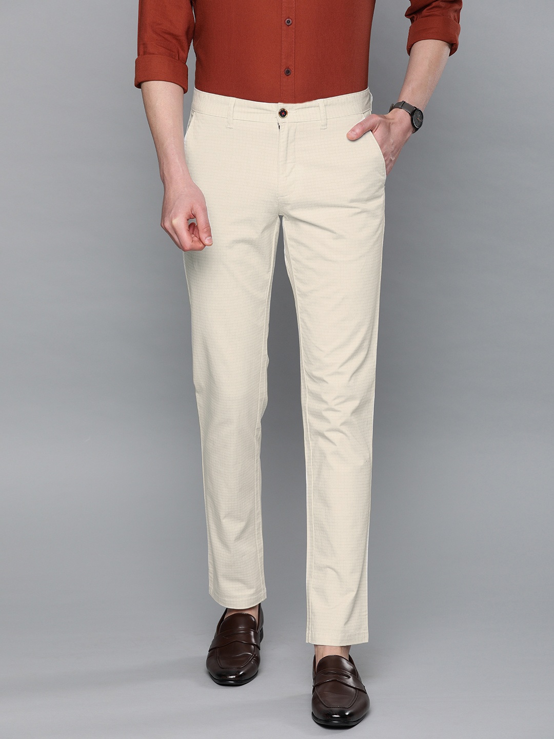 

Louis Philippe Sport Men Off-White & Brown Slim Fit Printed Regular Trousers