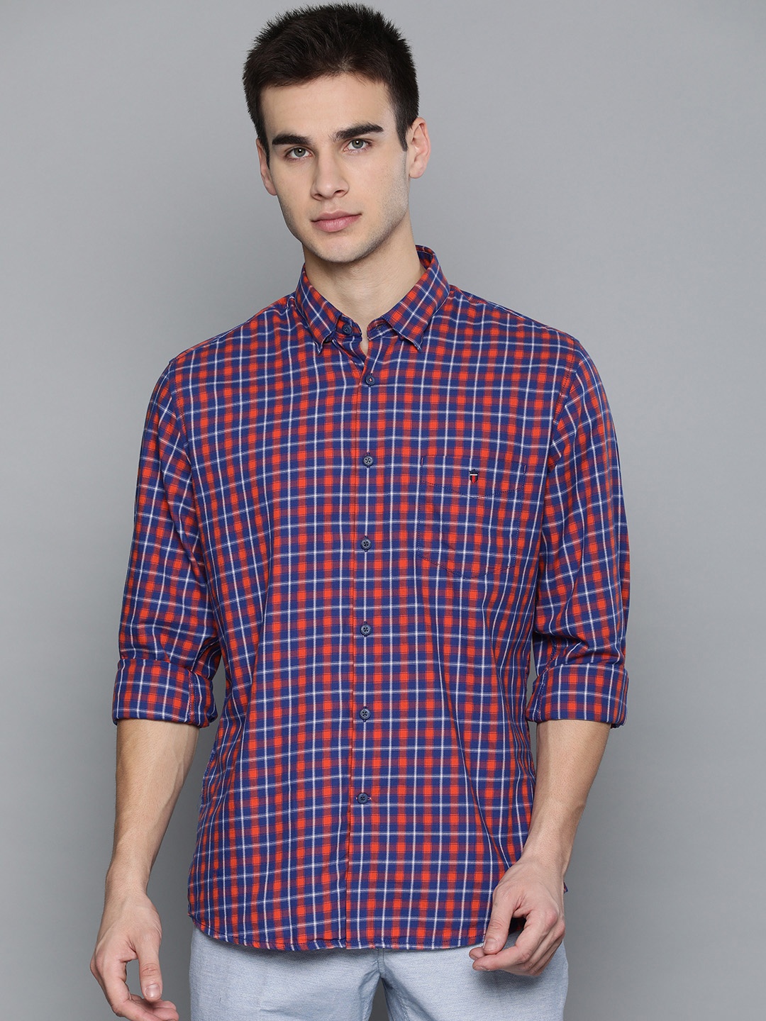 

Louis Philippe Sport Men Navy Blue & Coral Orange Slim Fit Checked Casual Shirt