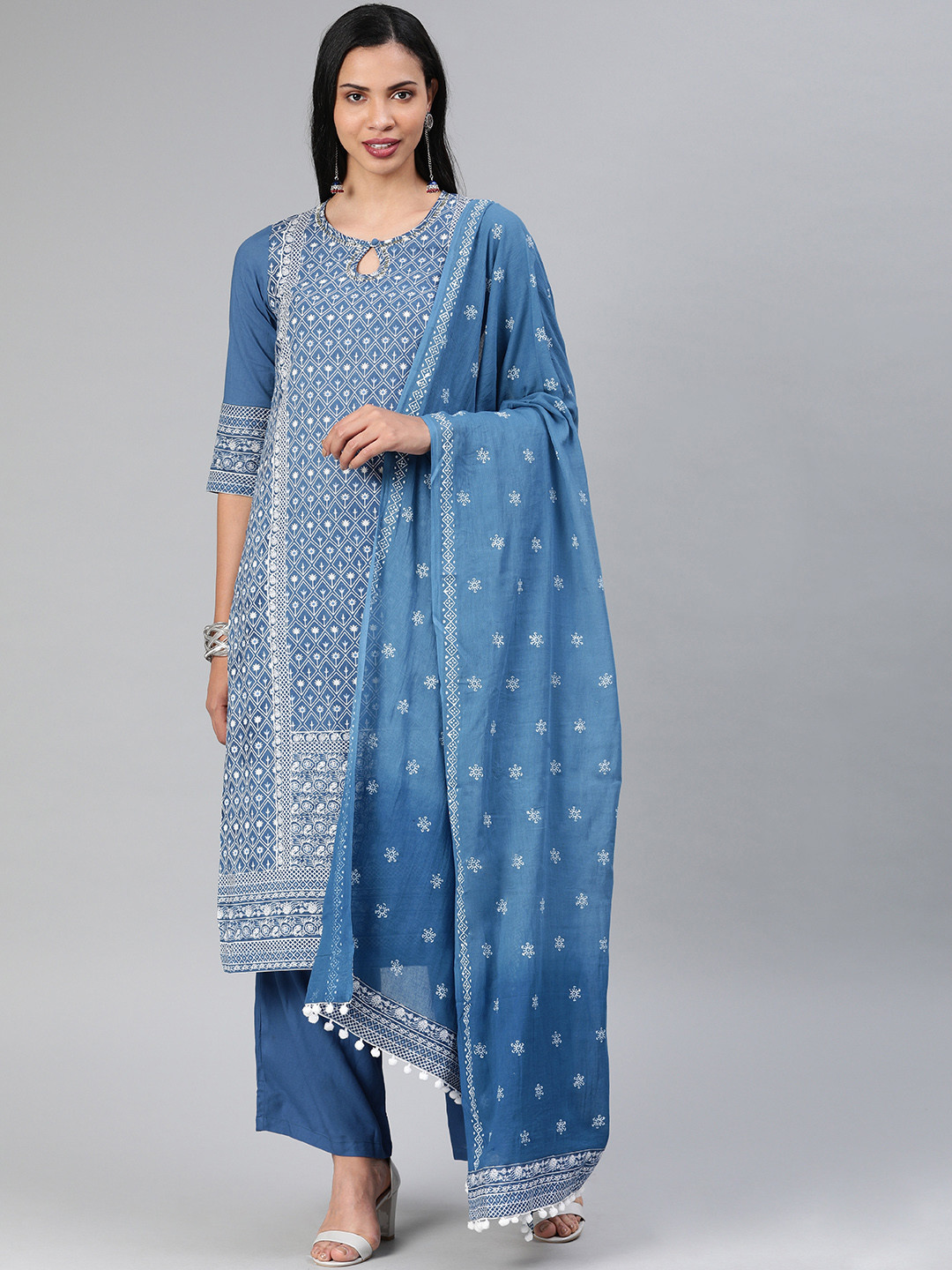 

Rain & Rainbow Women Blue & White Printed Kurta with Palazzos & Dupatta