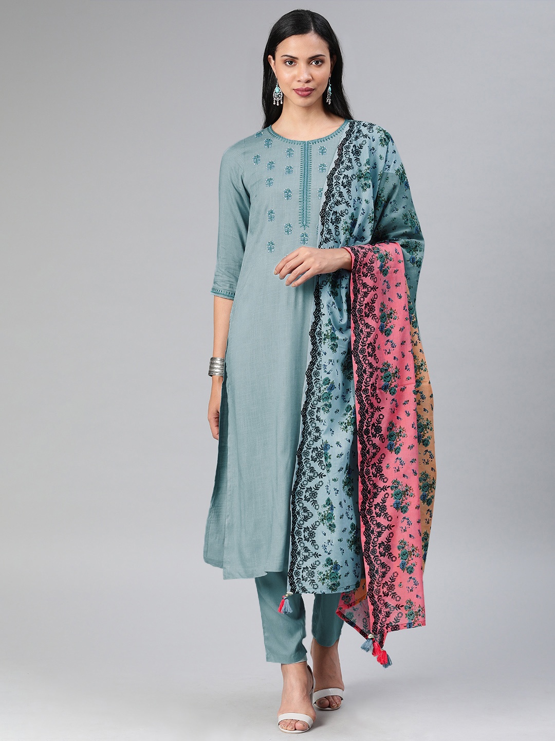 

Rain & Rainbow Women Grey Embroidered Kurta with Trousers & Dupatta