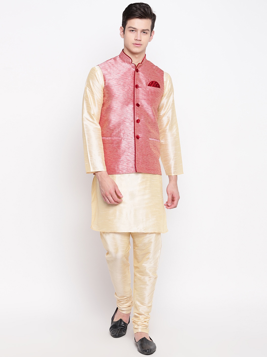 

MAG Men Cream-Coloured & Pink Solid Kurta with Churidar & Nehru Jacket