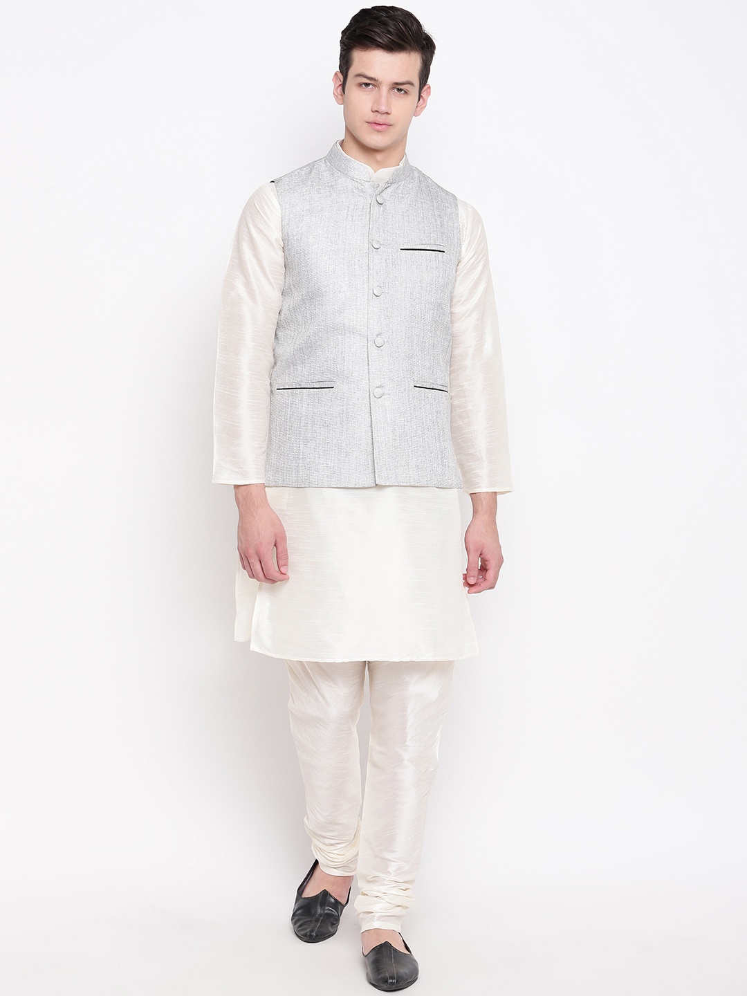 

MAG Men Cream-Coloured & Grey Solid Kurta with Churidar & Nehru Jacket