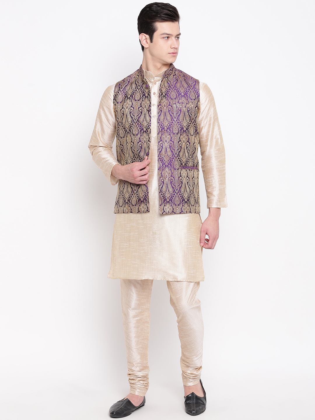 

MAG Men Beige & Blue Solid Kurta with Churidar & Nehru Jacket