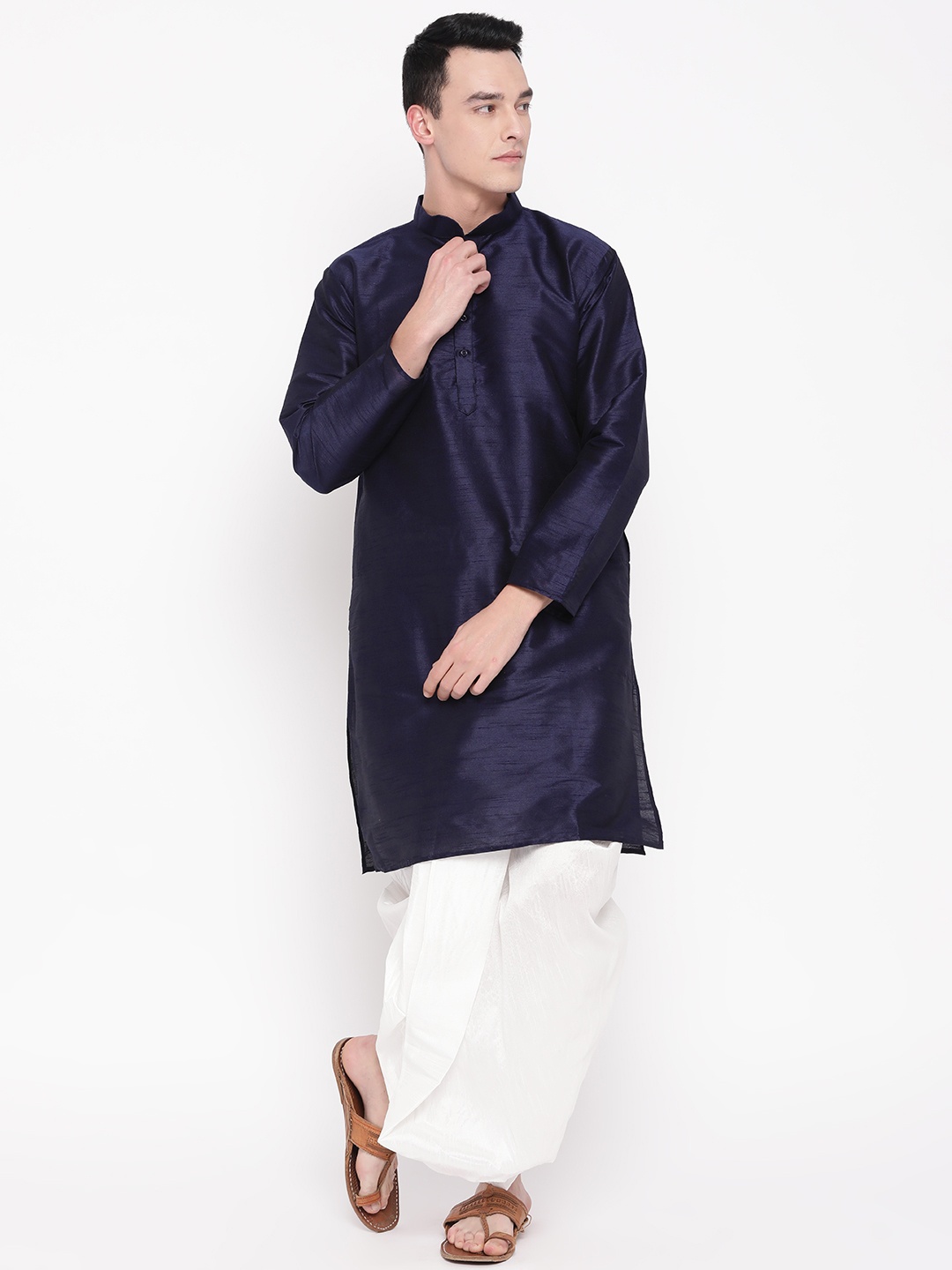 

MAG Men Navy Blue & White Self Design Kurta with Dhoti Pants