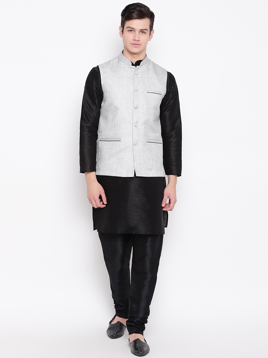 

MAG Men Black & Grey Solid Kurta with Churidar & Nehru Jacket