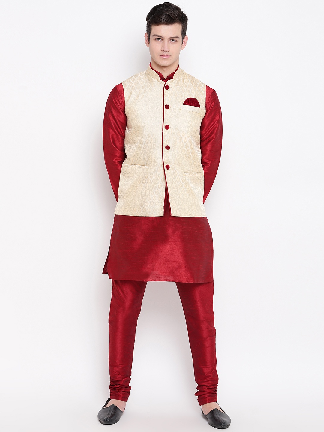 

MAG Men Red & Beige Solid Kurta with Churidar & Nehru Jacket