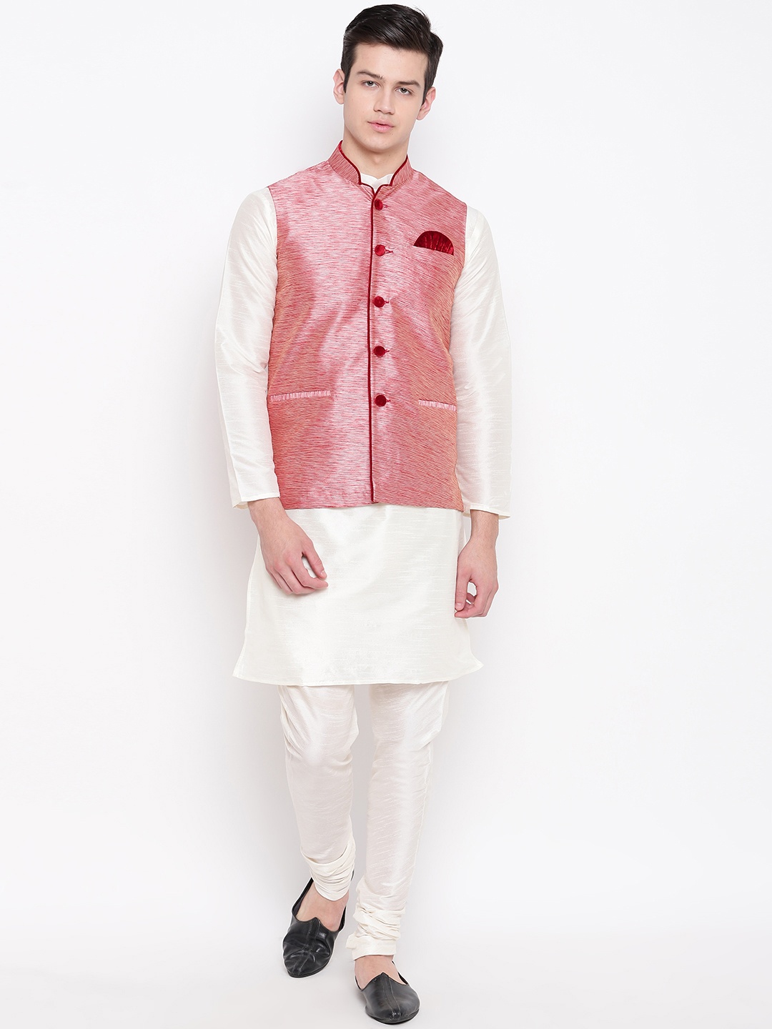 

MAG Men Off-White & Pink Solid Kurta with Churidar & Nehru Jacket