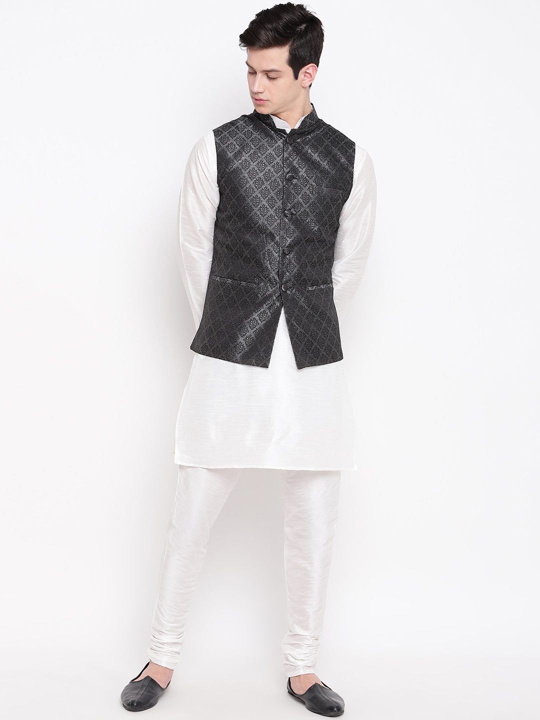 

MAG Men White & Black Solid Kurta with Churidar & Nehru Jacket