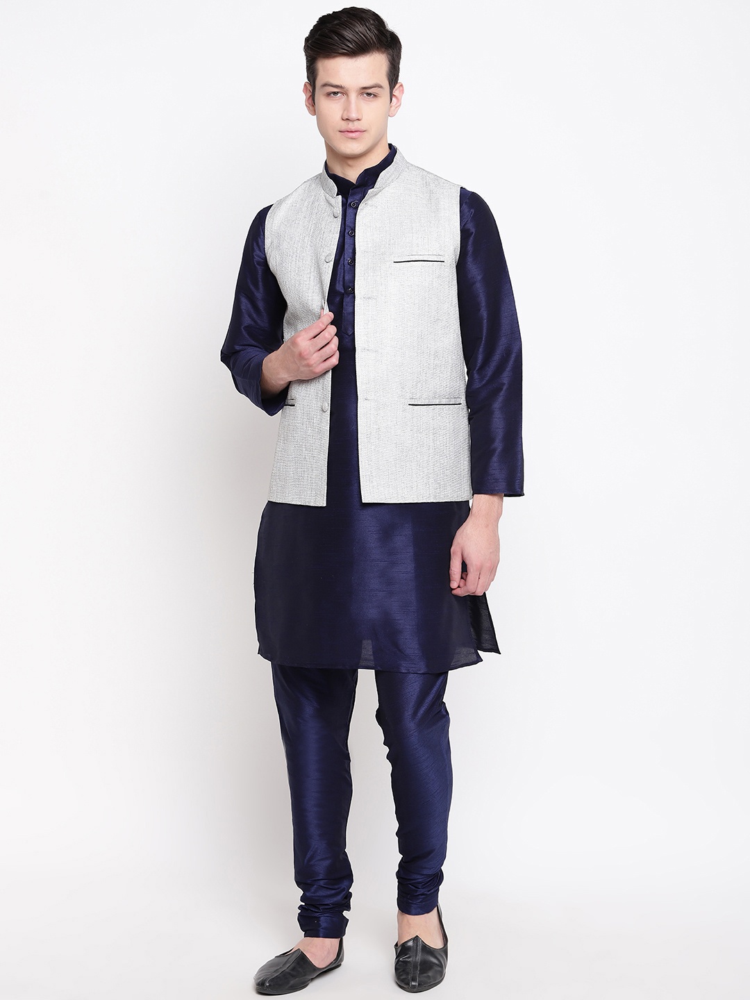 

MAG Men Navy Blue Solid Kurta with Churidar & Nehru Jacket
