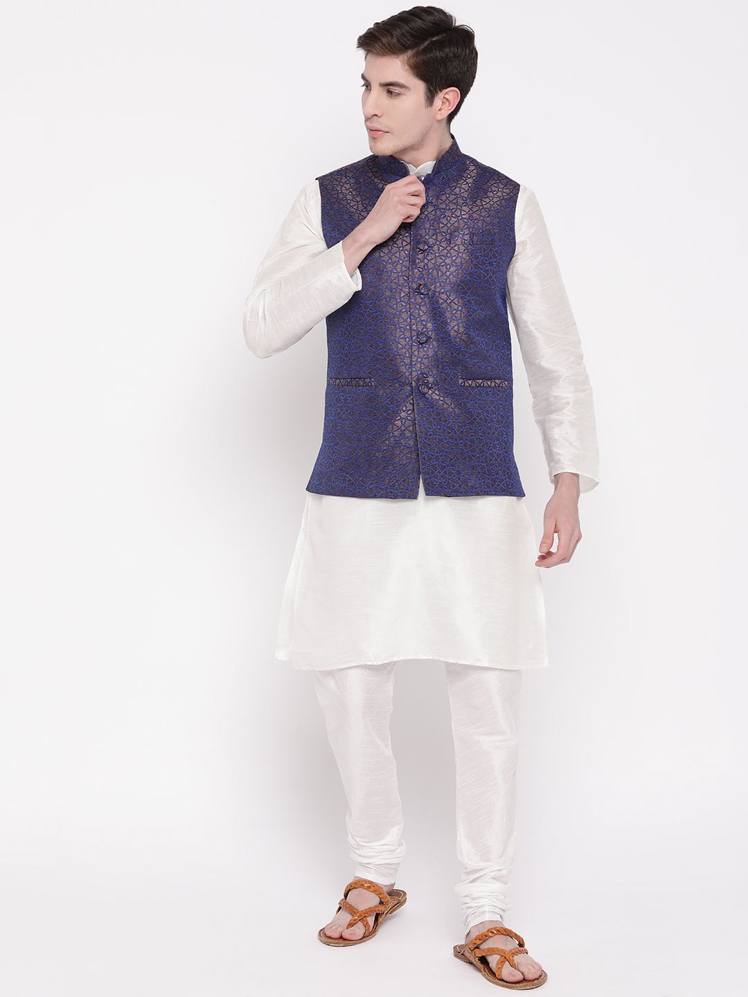 

MAG Men White Solid Kurta with Churidar & Nehru Jacket