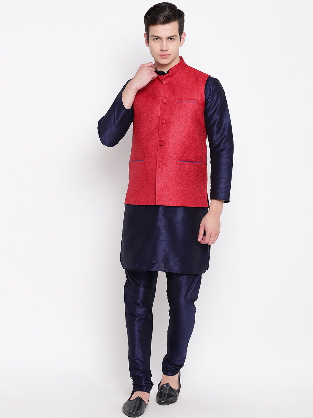 

MAG Men Navy Blue Solid Kurta with Churidar & Nehru Jacket