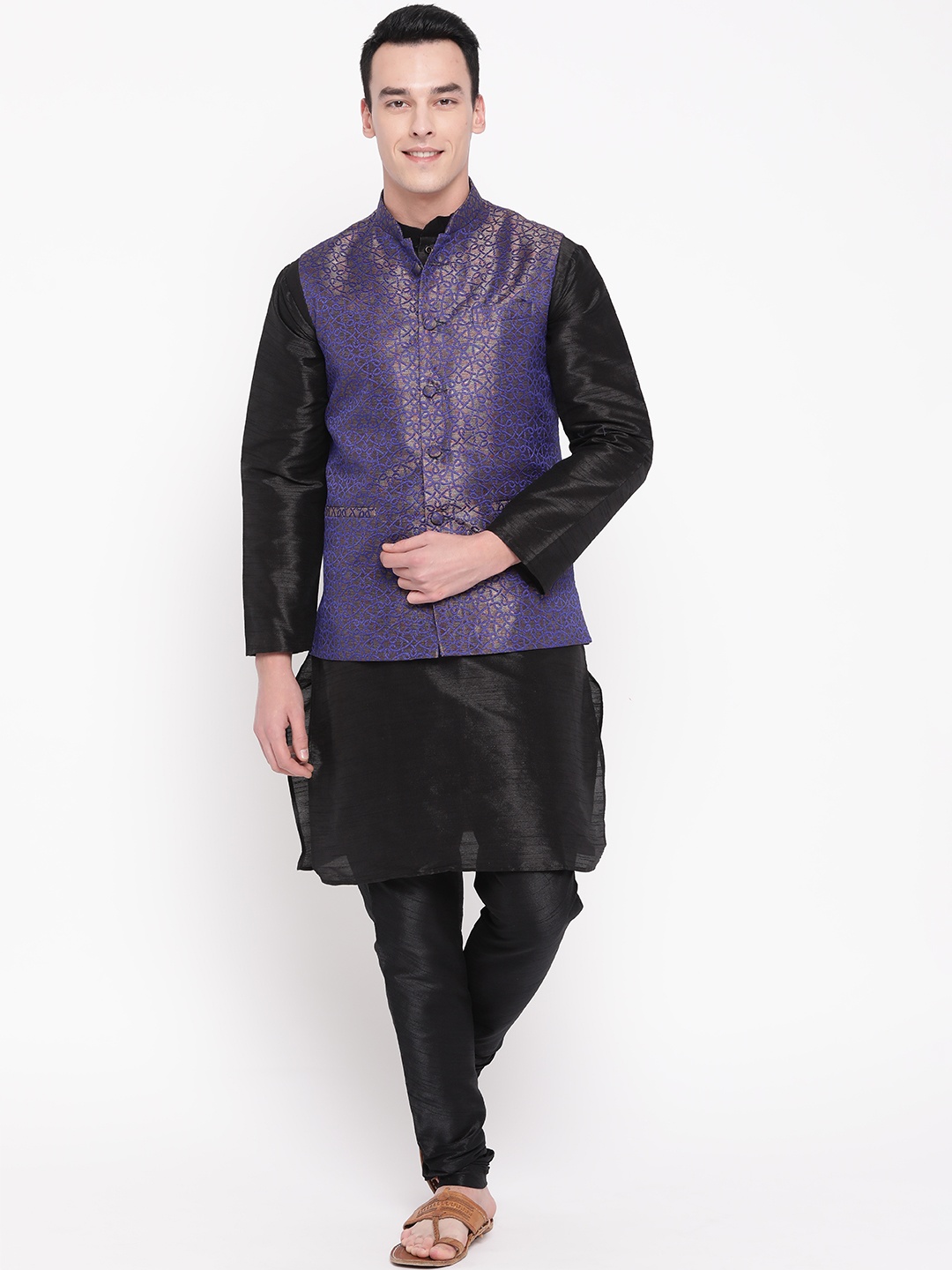 

MAG Men Black & Blue Solid Kurta with Churidar & Nehru Jacket