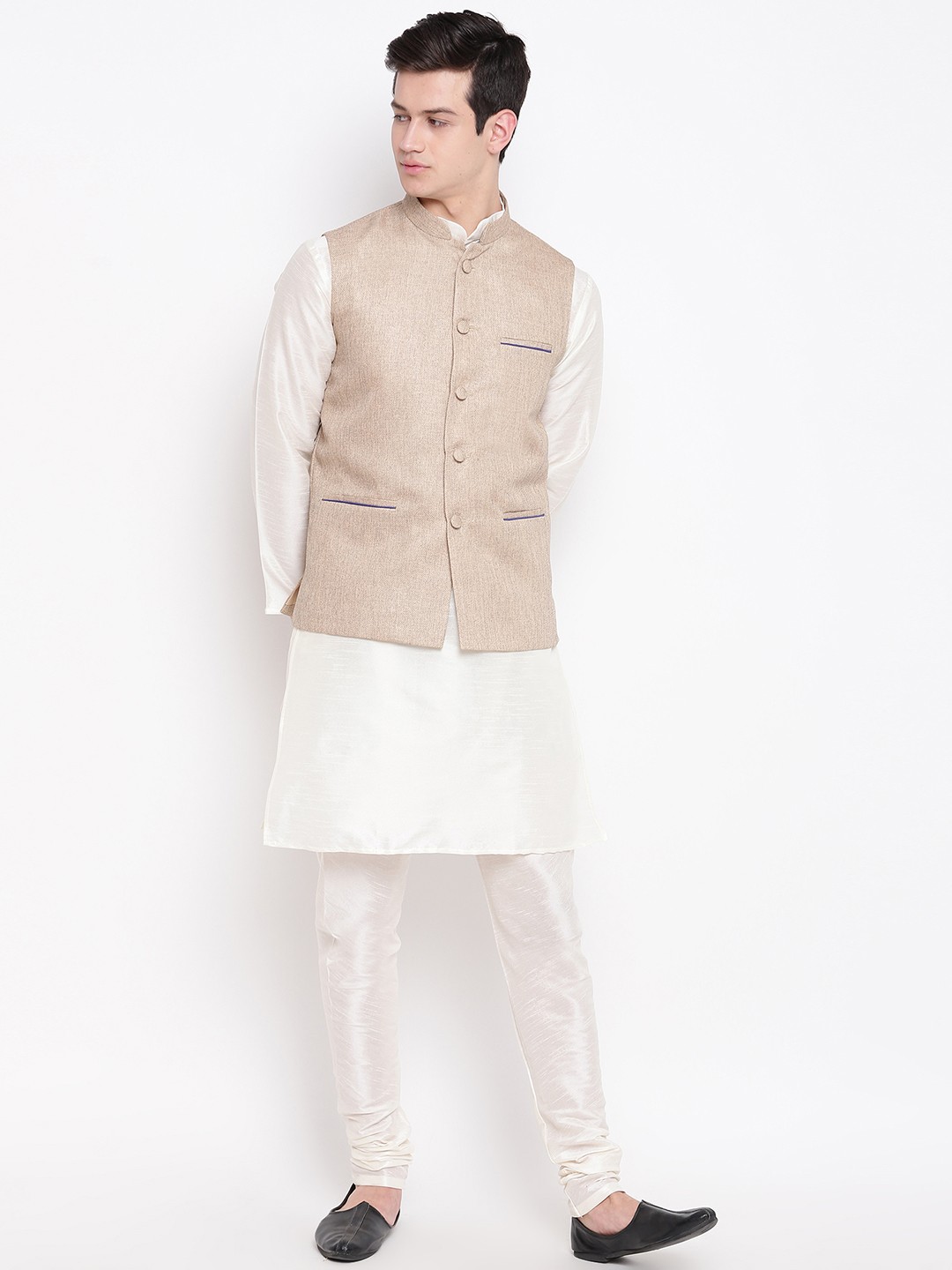

MAG Men Off-White & Beige Self Design Kurta with Churidar & Jute Nehru Jacket