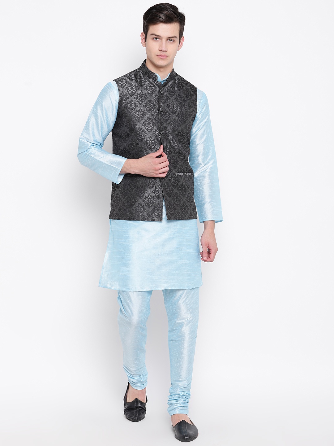 

MAG Men Blue & Charcoal Grey Solid Kurta with Churidar & Nehru Jacket