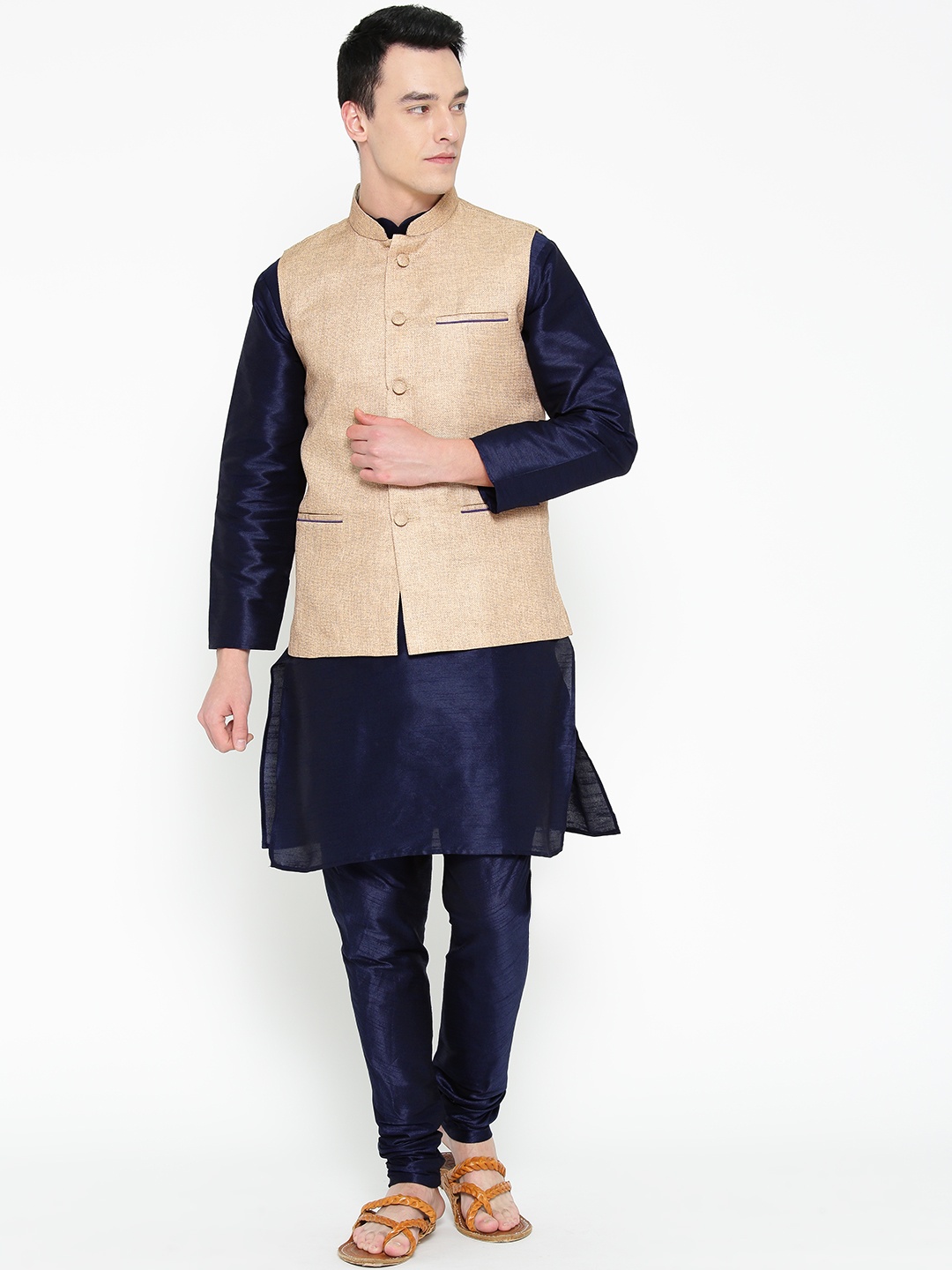 

MAG Men Navy Blue Solid Kurta with Churidar with Nehru Jacket