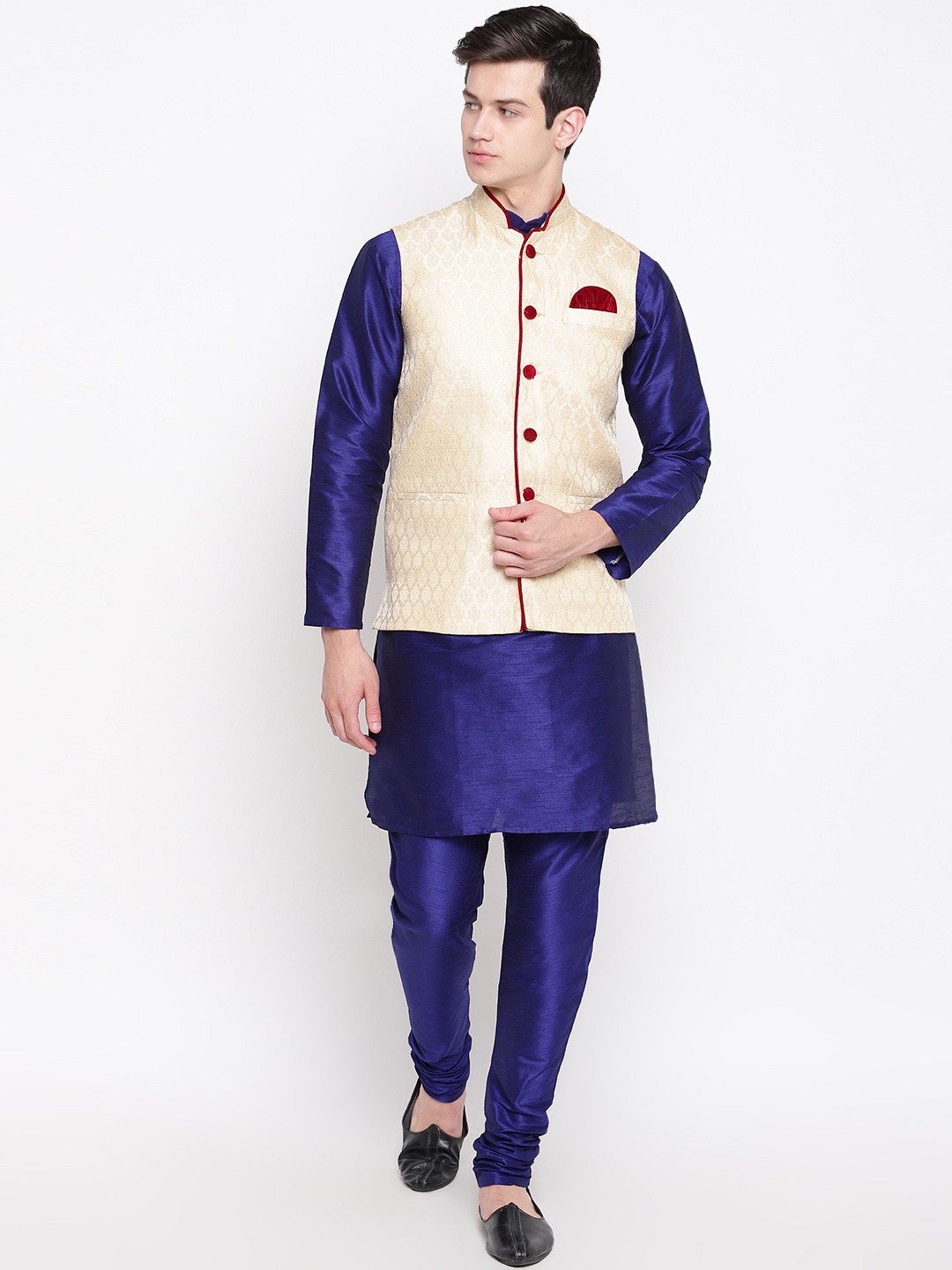 

MAG Men Navy Blue & Cream-Coloured Solid Kurta with Churidar