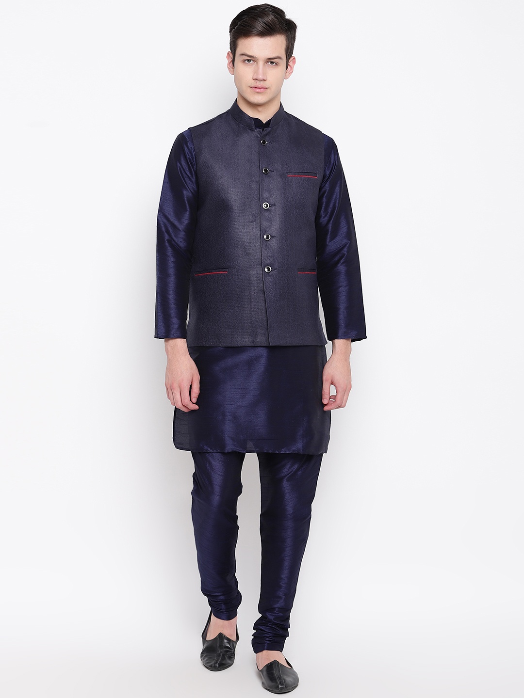 

MAG Men Navy Blue Solid Kurta with Churidar & Jute Nehru Jacket