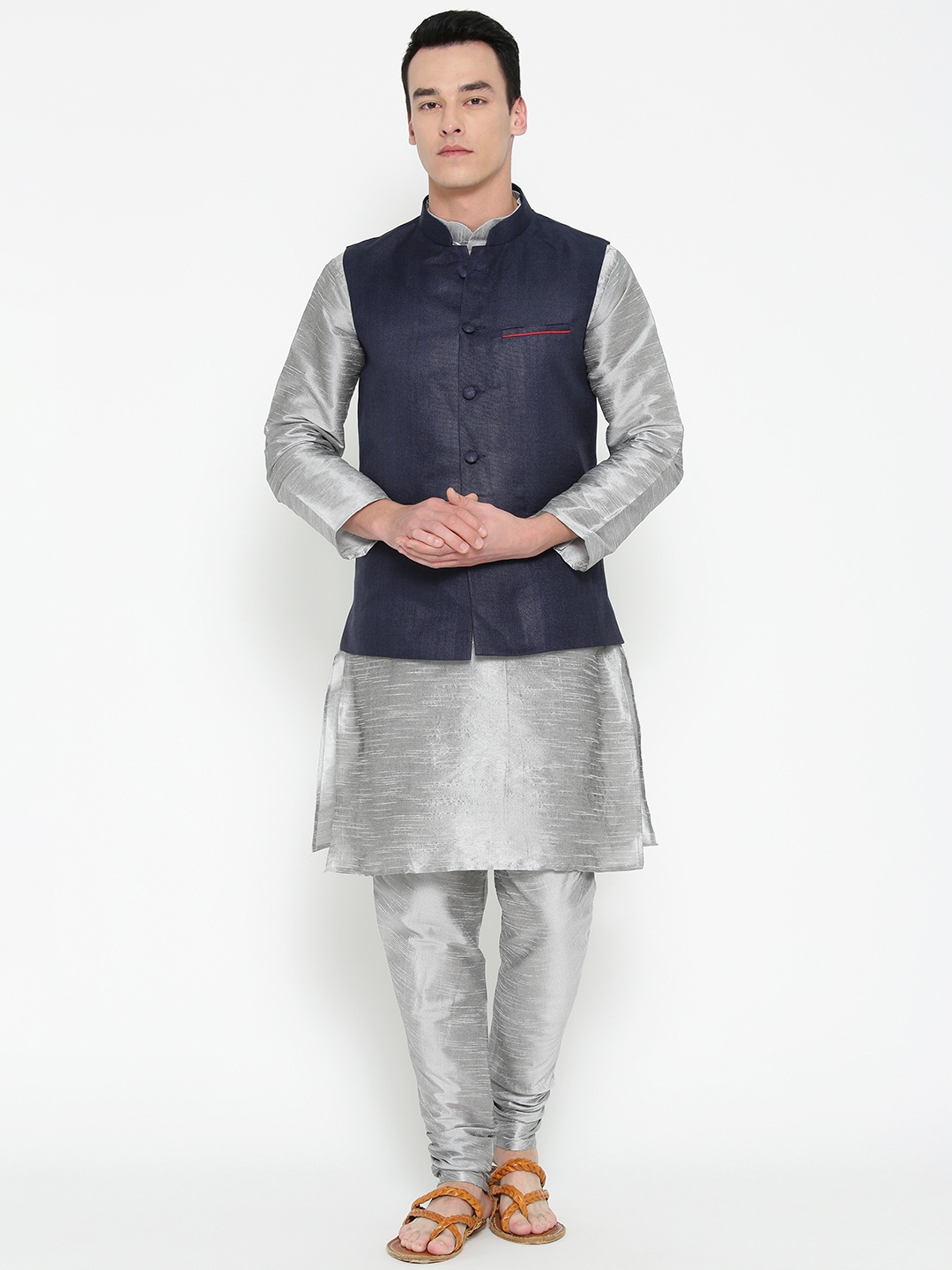 

MAG Men Grey & Navy Blue Solid Kurta with Churidar with Nehru Jacket