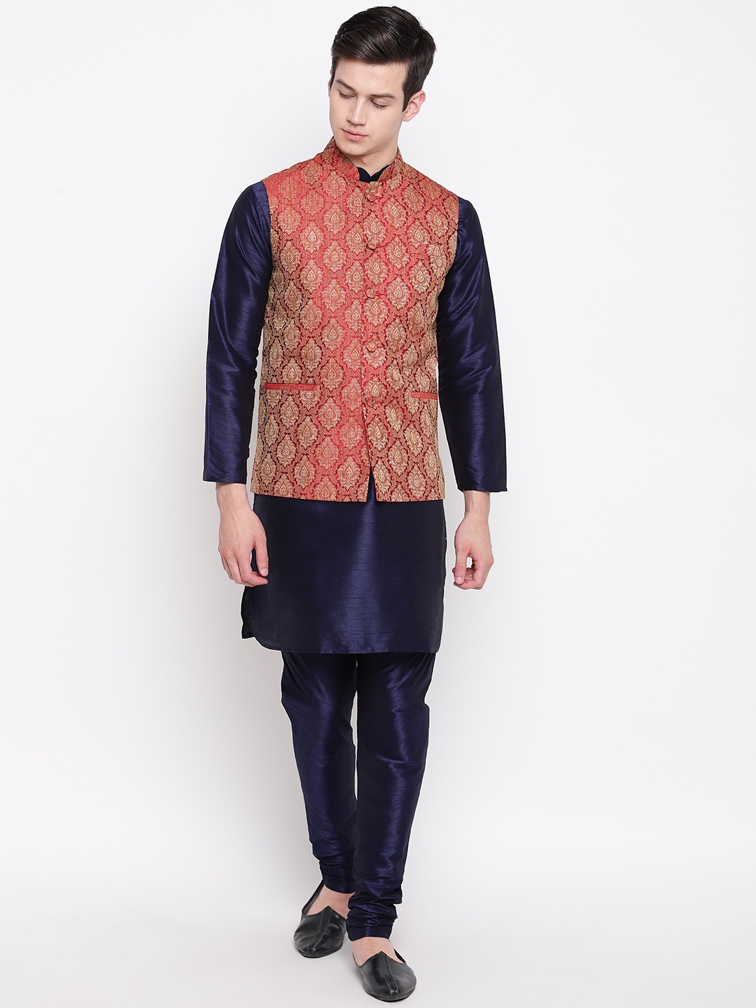 

MAG Men Navy Blue & Red Solid Kurta with Churidar & Nehru Jacket