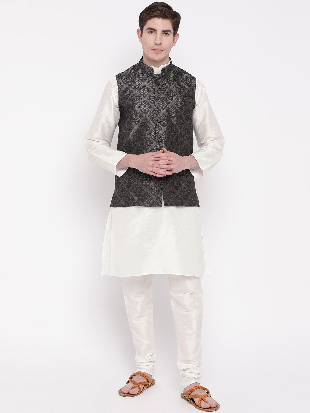 

MAG Men White & Charcoal Grey Solid Kurta with Churidar & Nehru jacket