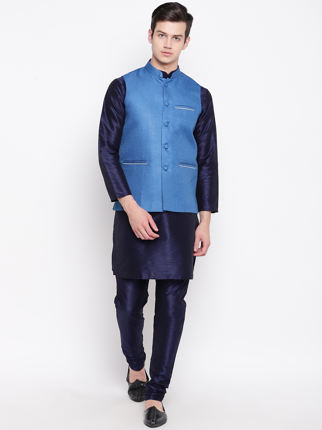 

MAG Men Navy Blue Solid Kurta with Churidar & Jute Nehru Jacket