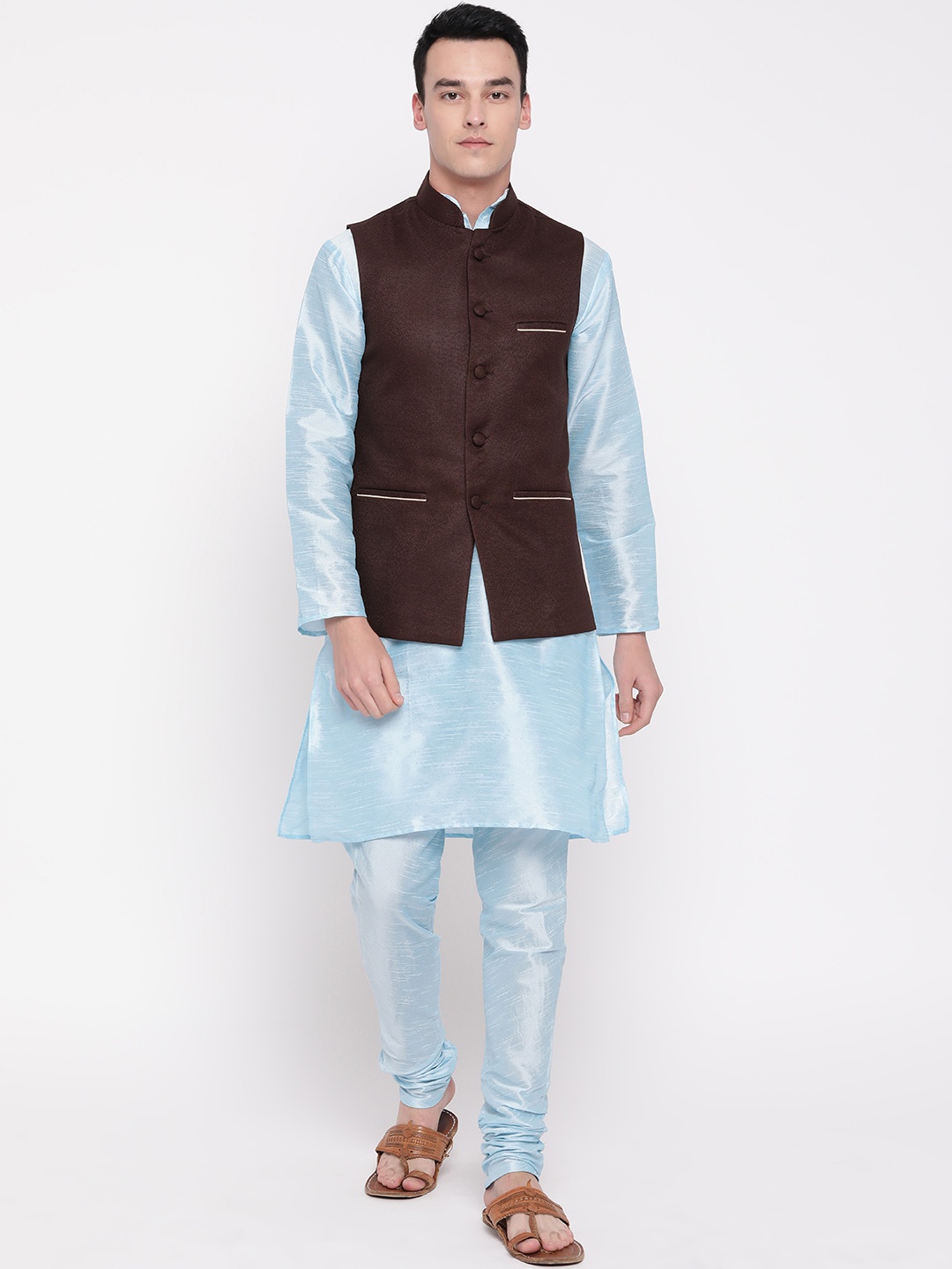 

MAG Men Blue Solid Kurta with Churidar & Nehru Jacket