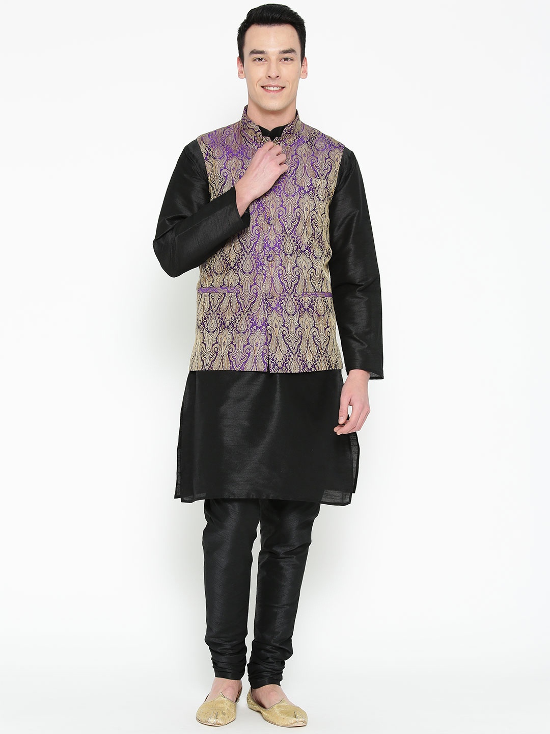 

MAG Men Black Solid Kurta with Churidar with Nehru Jacket