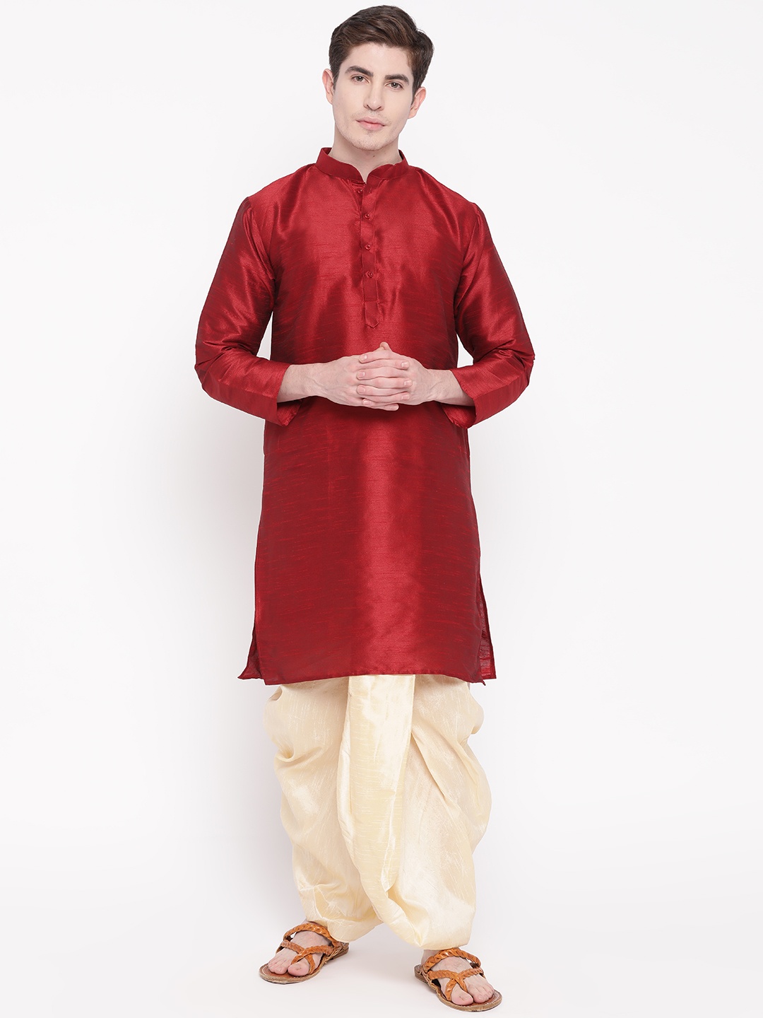 

MAG Men Maroon & Cream-Coloured Solid Kurta with Dhoti Pants