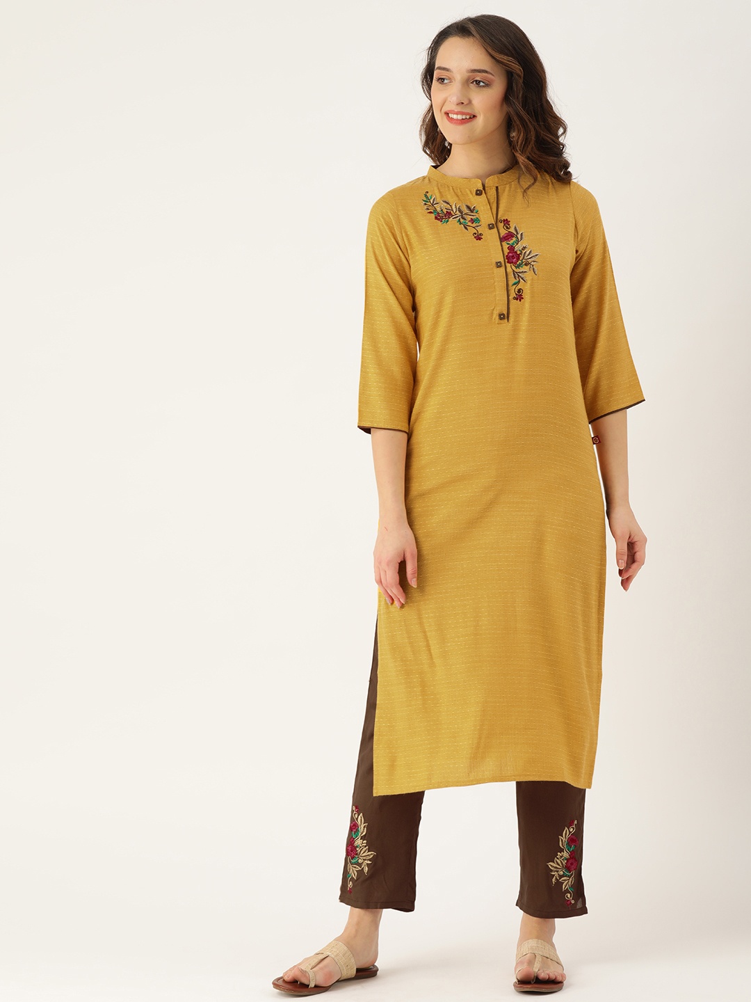 

RAISIN Women Mustard Yellow & Brown Embroidered Kurta with Trousers