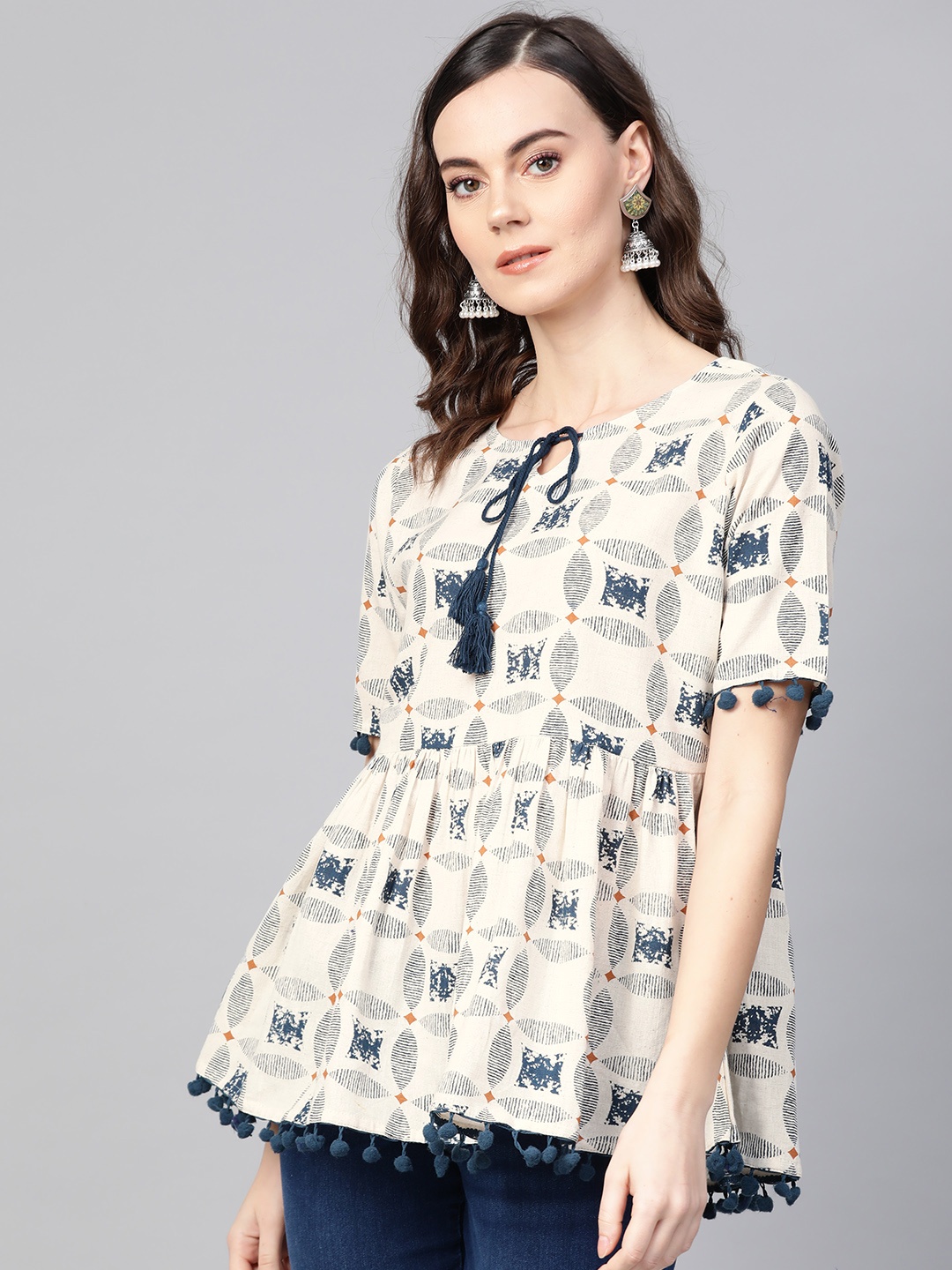 

Azira Women Off-White & Navy Printed A-Line Top