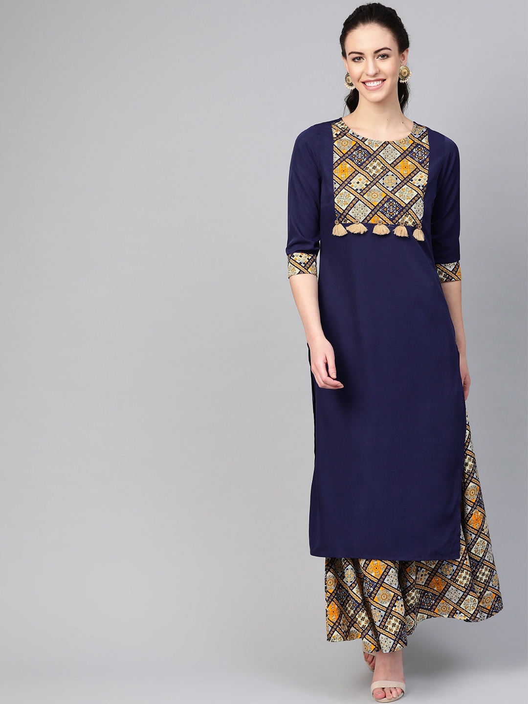 

Azira Women Navy Blue & Yellow Yoke Design Kurta with Palazzos