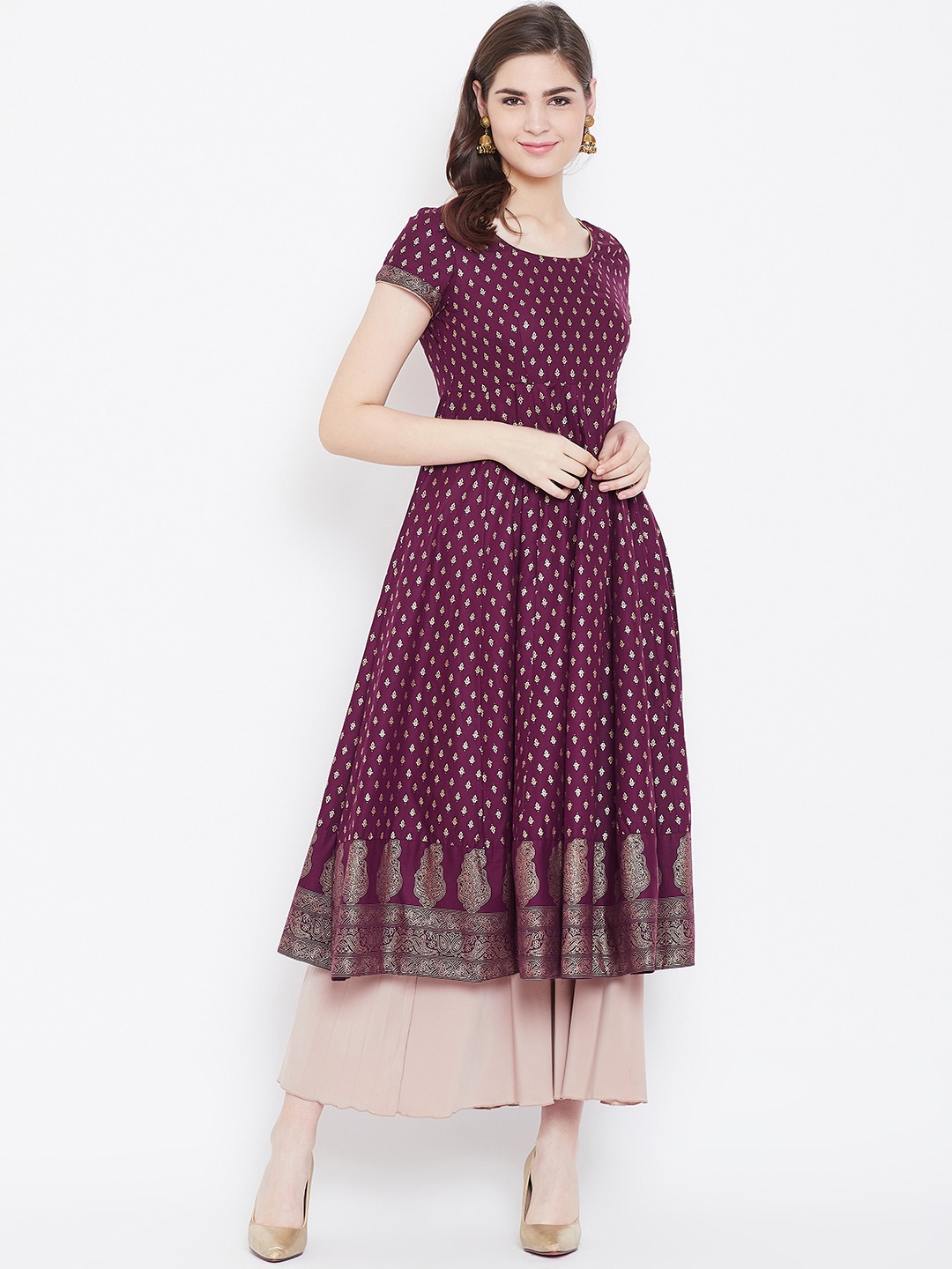 

Poshak Hub Women Aubergine & Golden Printed Anarkali Kurta, Purple