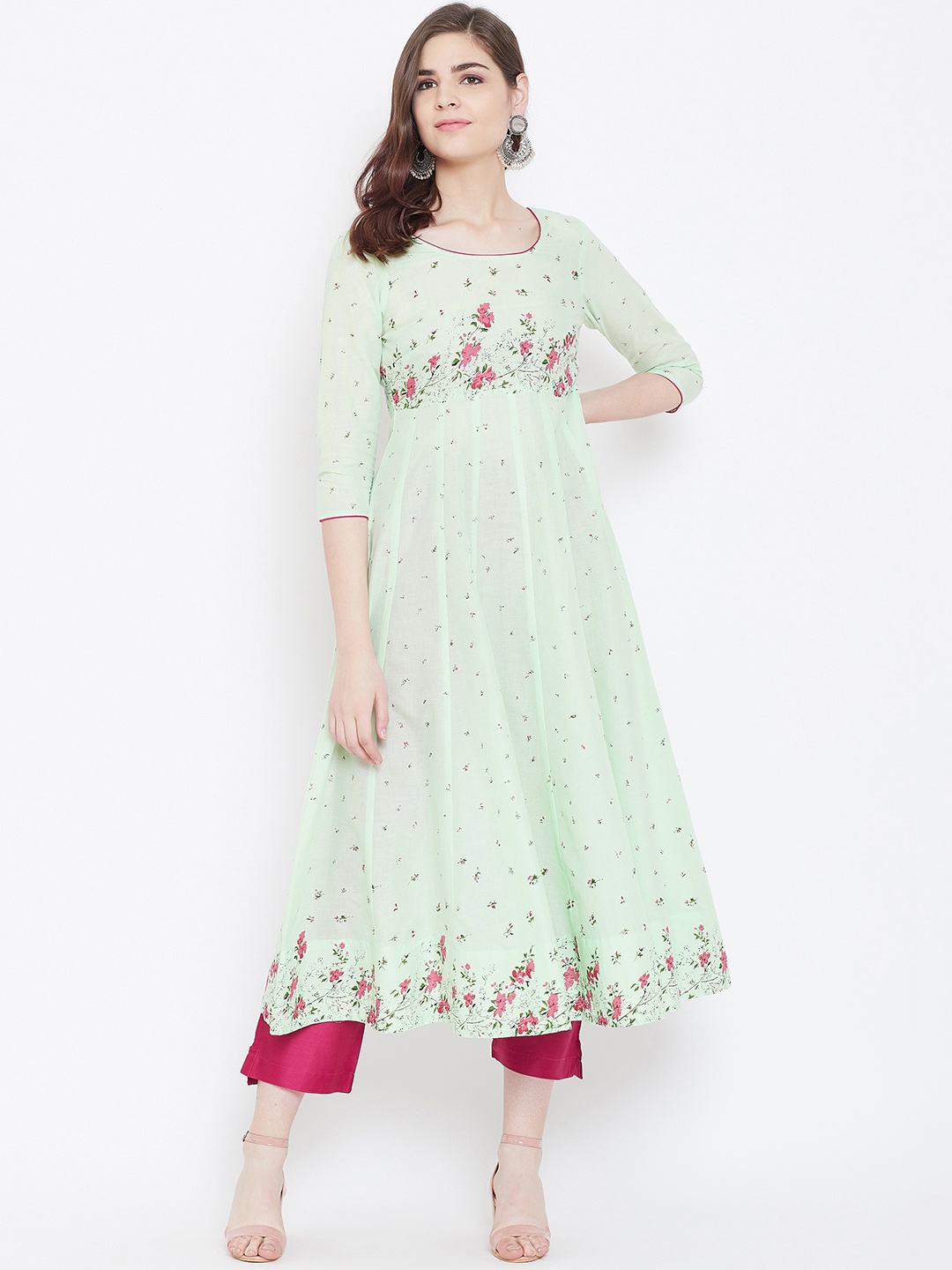 

Poshak Hub Women Sea Green & Pink Printed Anarkali Kurta