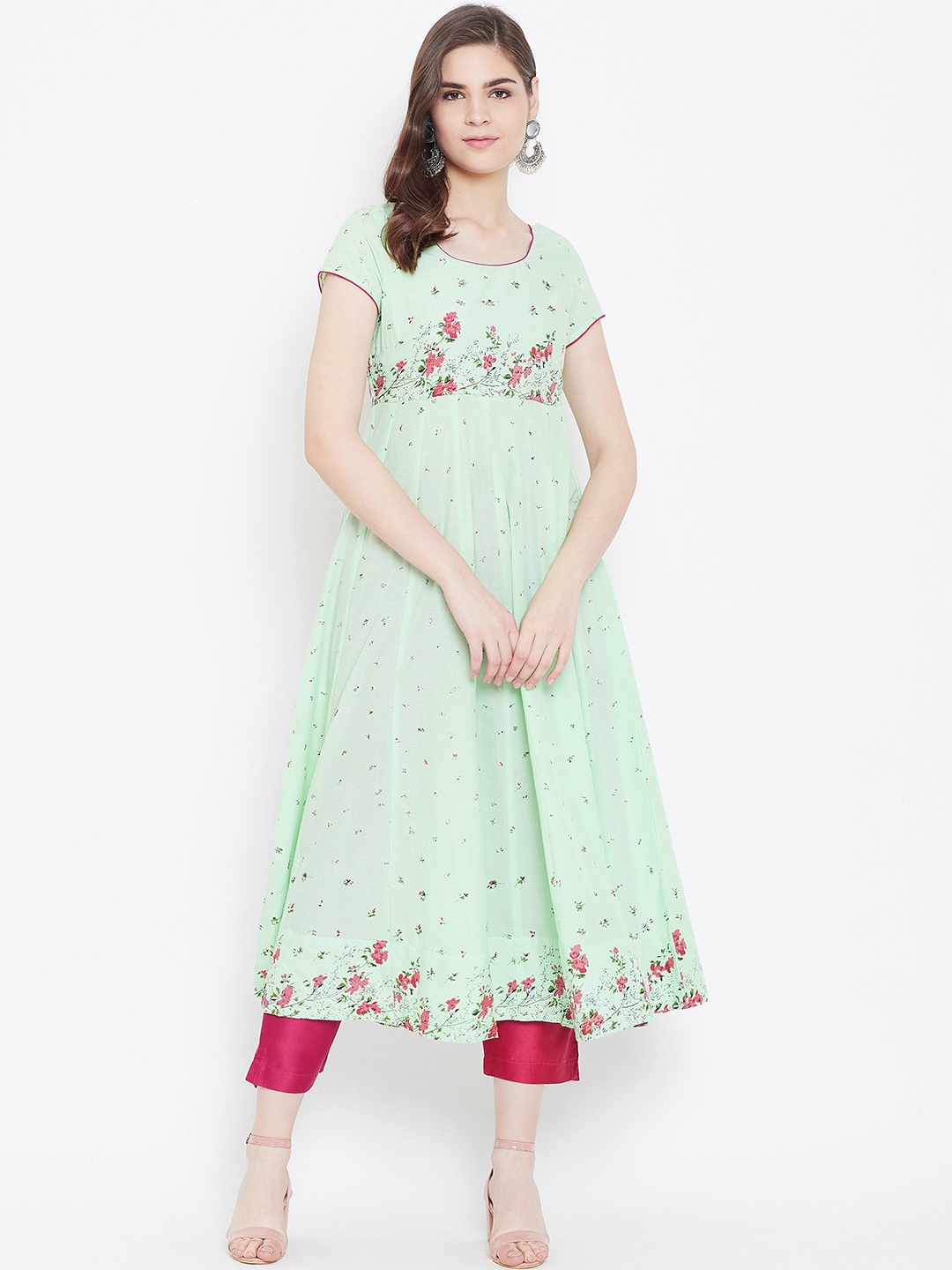 

Poshak Hub Women Sea Green & Pink Floral Printed Anarkali Kurta