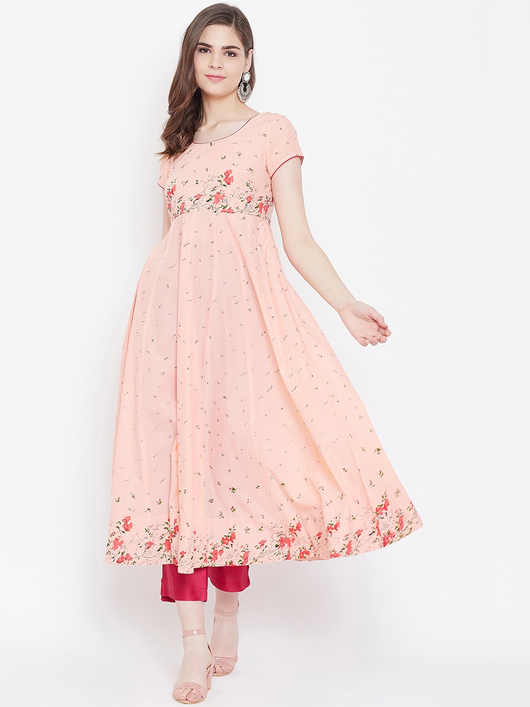 

Poshak Hub Women Peach-Coloured & Pink Printed Anarkali Kurta
