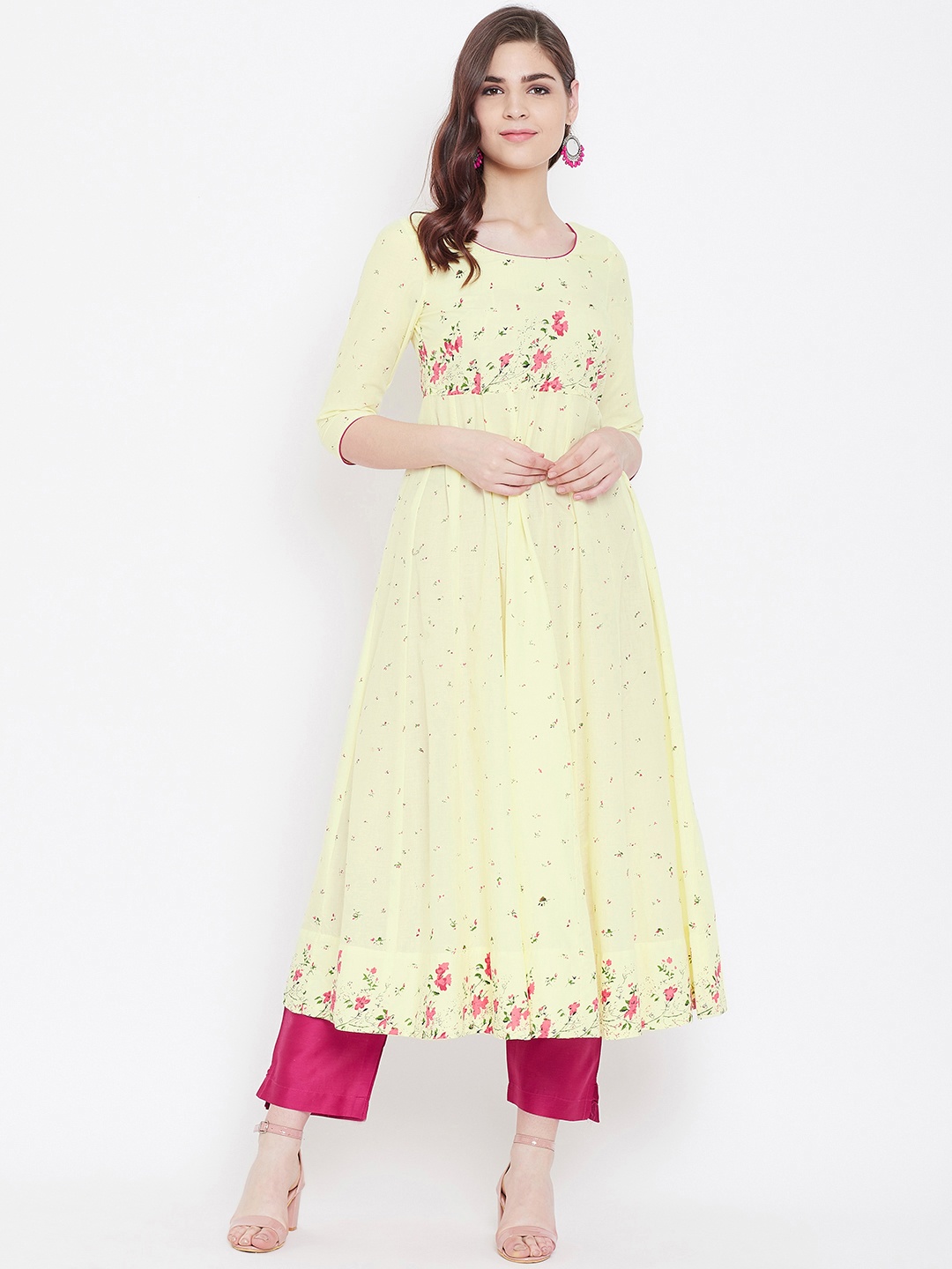 

Poshak Hub Women Yellow & Red Floral Printed Empire Anarkali Kurta