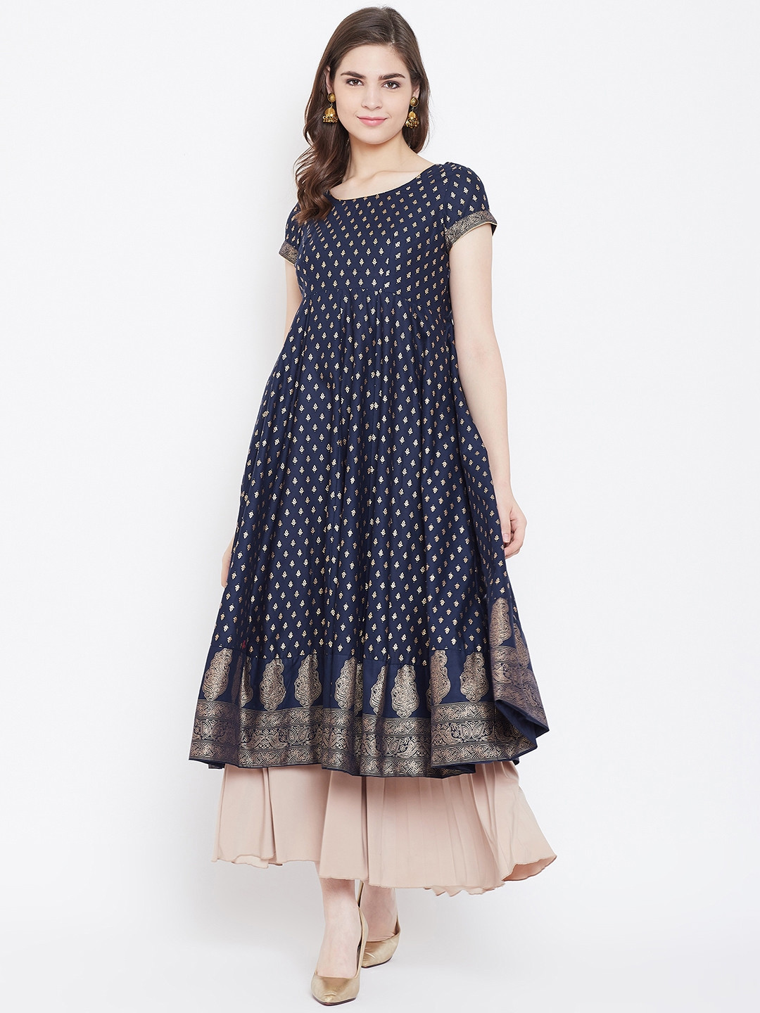 

Poshak Hub Women Navy Blue & Golden Printed Empire Anarkali Kurta