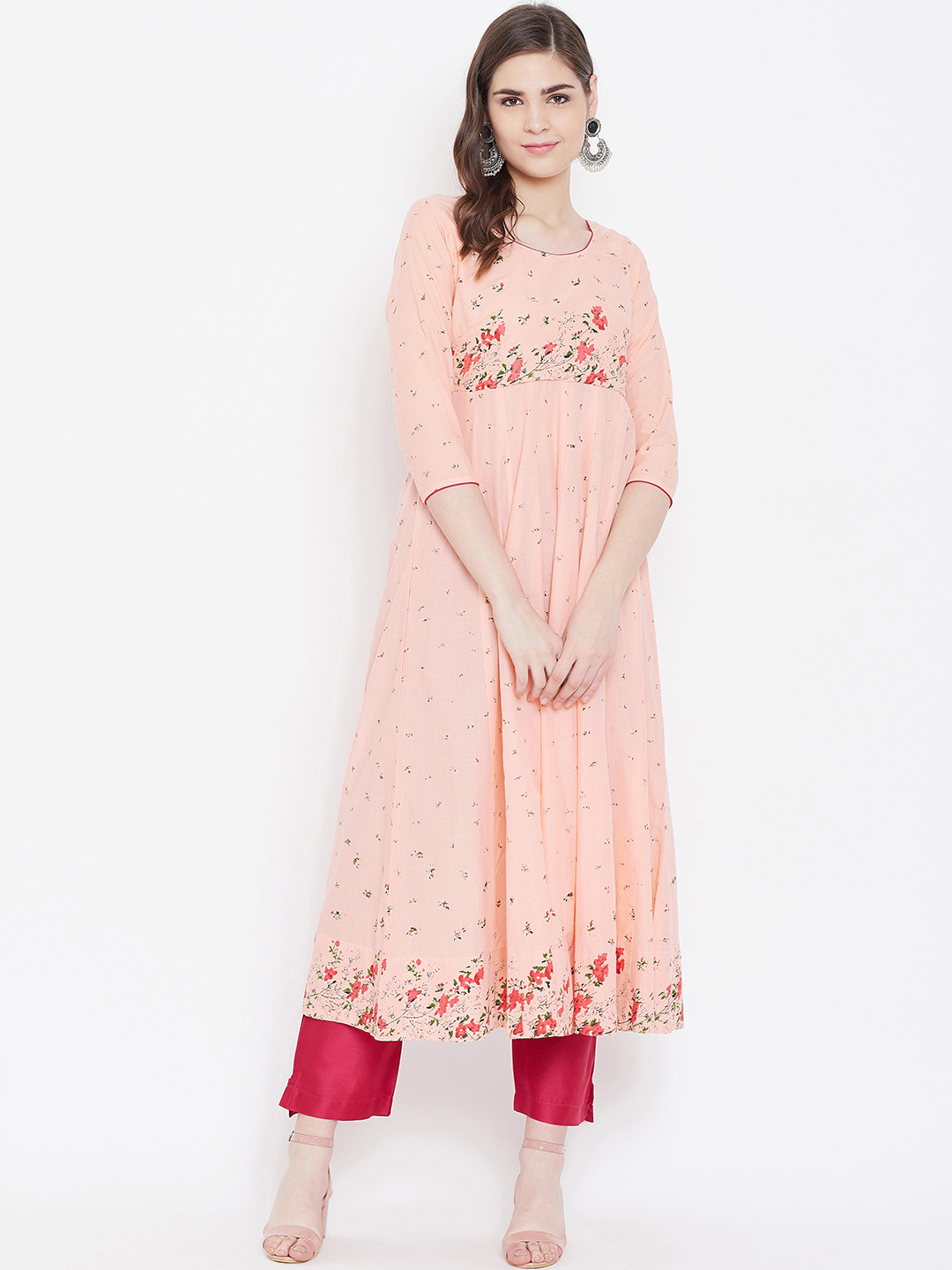 

Poshak Hub Women Peach-Coloured & Red Floral Printed Empire Anarkali Kurta