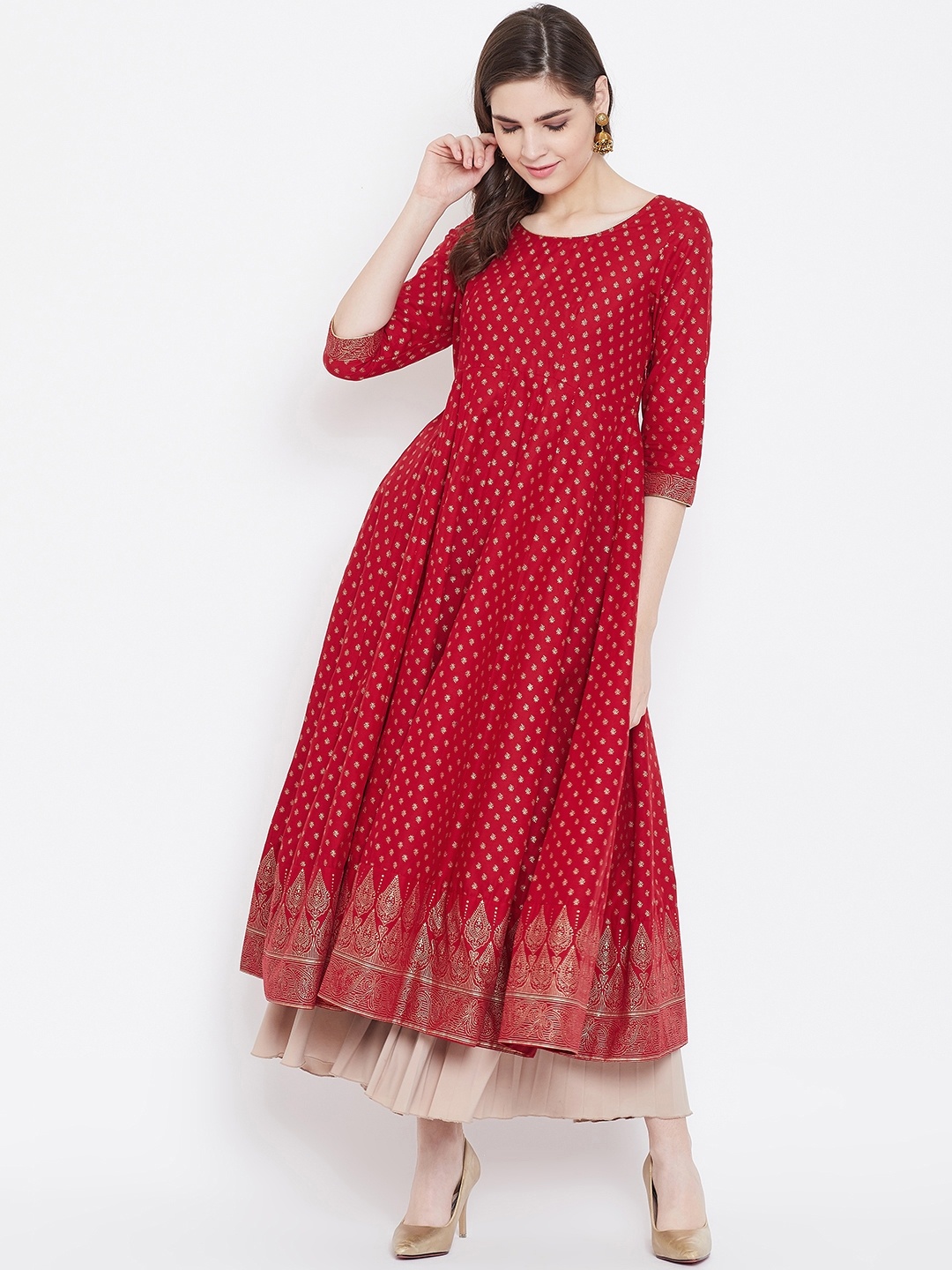 

Poshak Hub Women Red & Golden Printed Anarkali Kurta