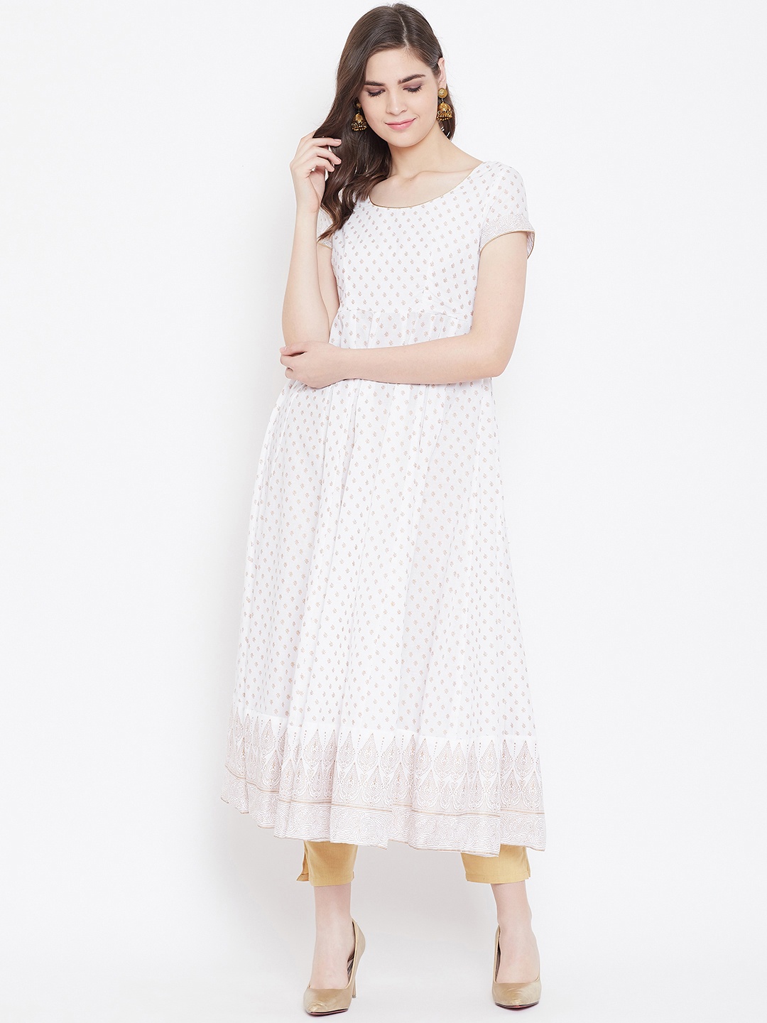

Poshak Hub Women White & Golden Printed Empire Anarkali Kurta
