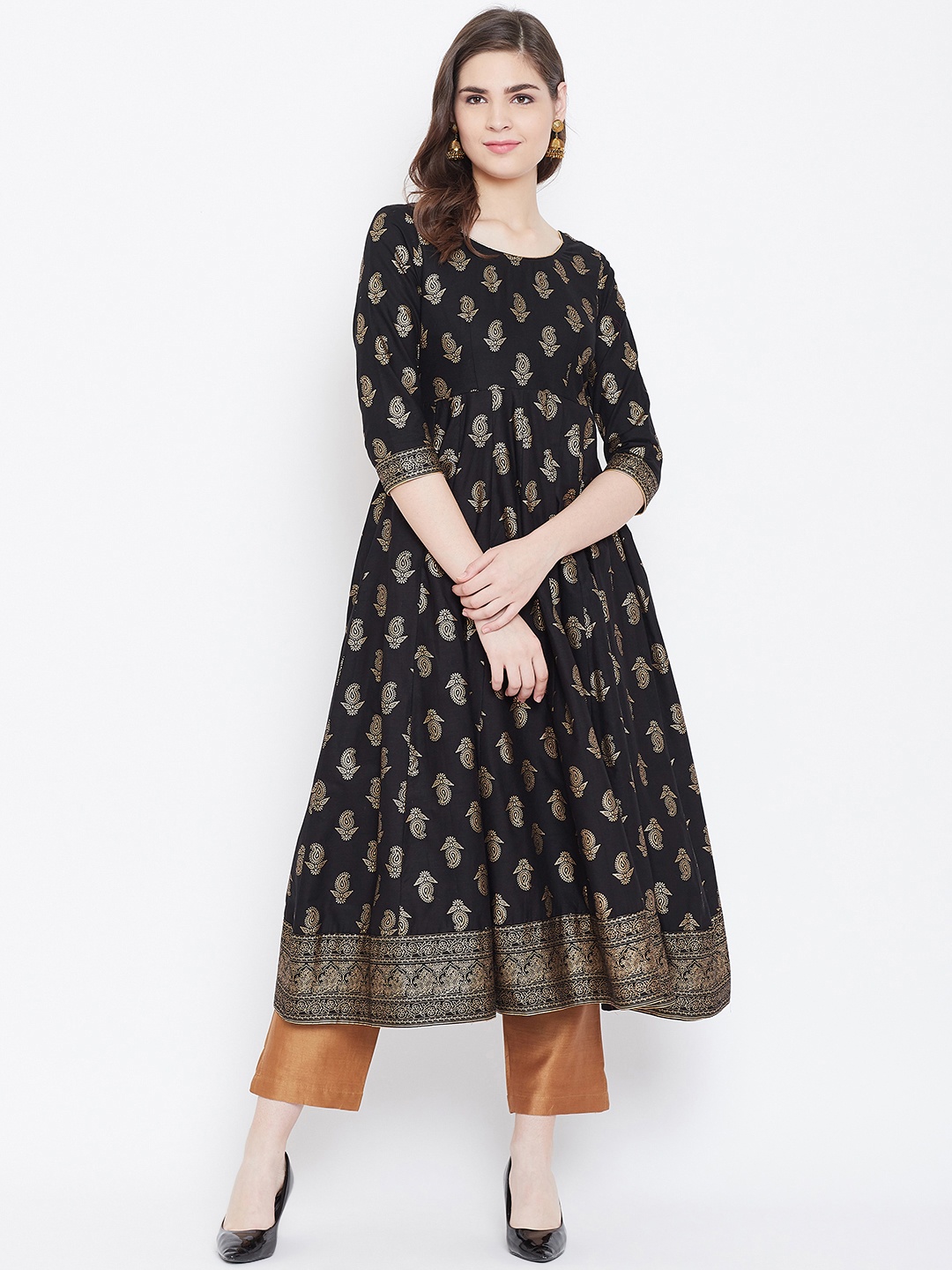 

Poshak Hub Women Black & Golden Printed Empire Anarkali Kurta