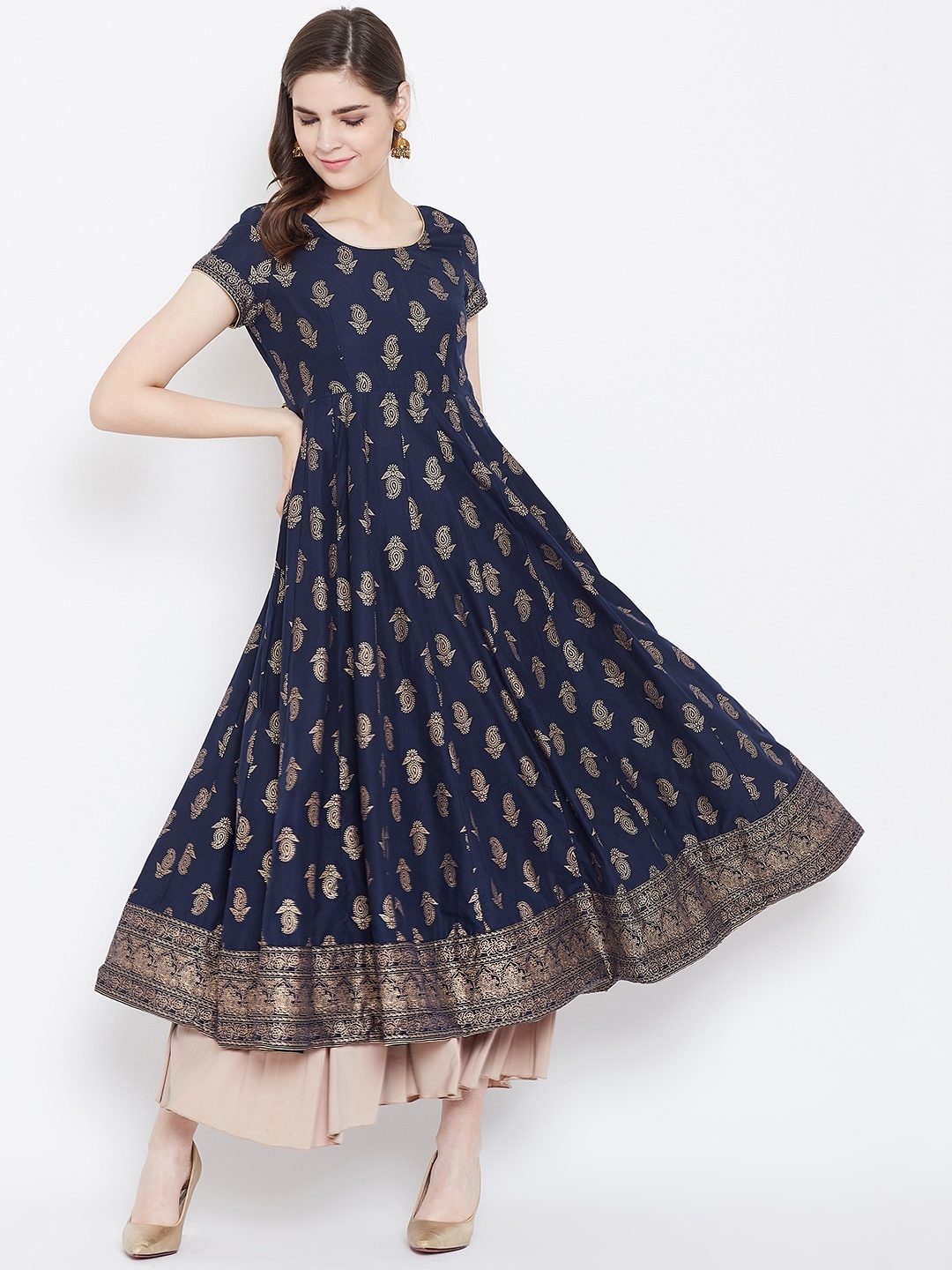 

Poshak Hub Women Navy Blue & Golden Printed Empire Anarkali Kurta