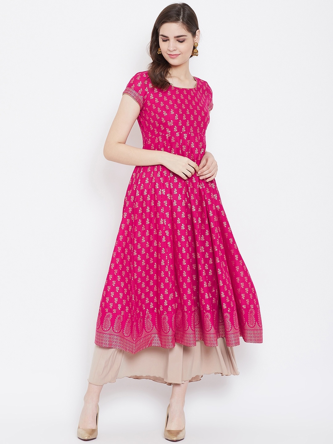 

Poshak Hub Women Pink & Golden Printed Empire Anarkali Kurta