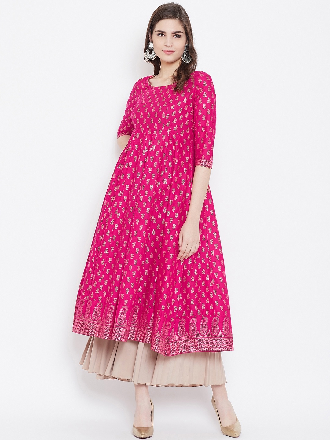 

Poshak Hub Women Pink & Golden Printed Empire Anarkali Kurta
