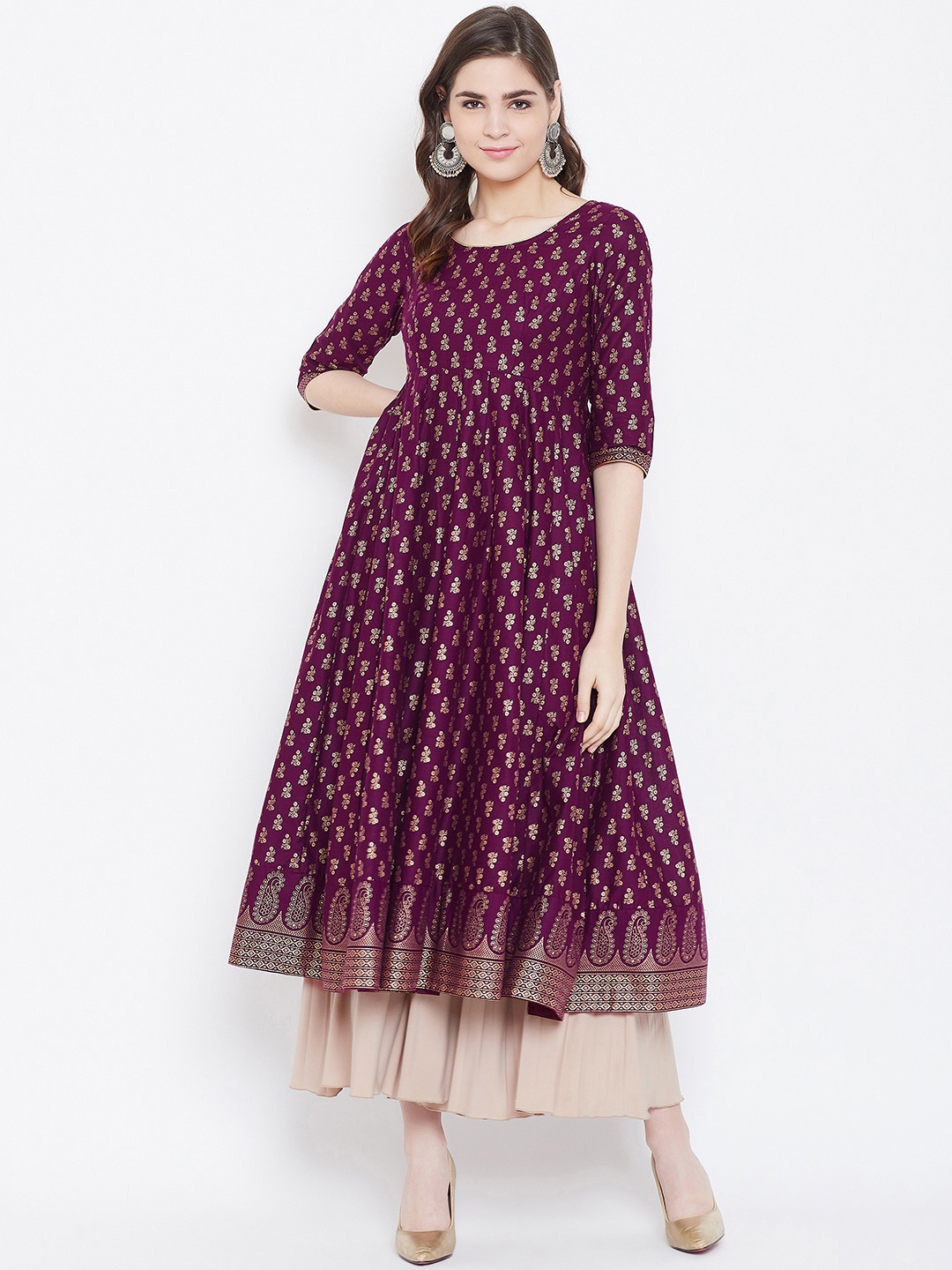 

Poshak Hub Women Purple & Golden Printed Empire Anarkali Kurta