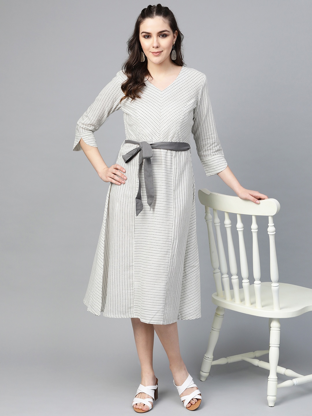 

Varanga Women Off-White & Charcoal Grey Striped A-Line Dress