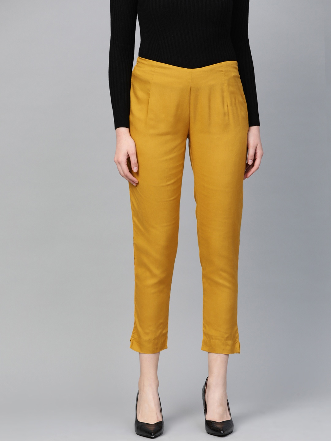 

Varanga Women Mustard Yellow Regular Fit Solid Cropped Trousers