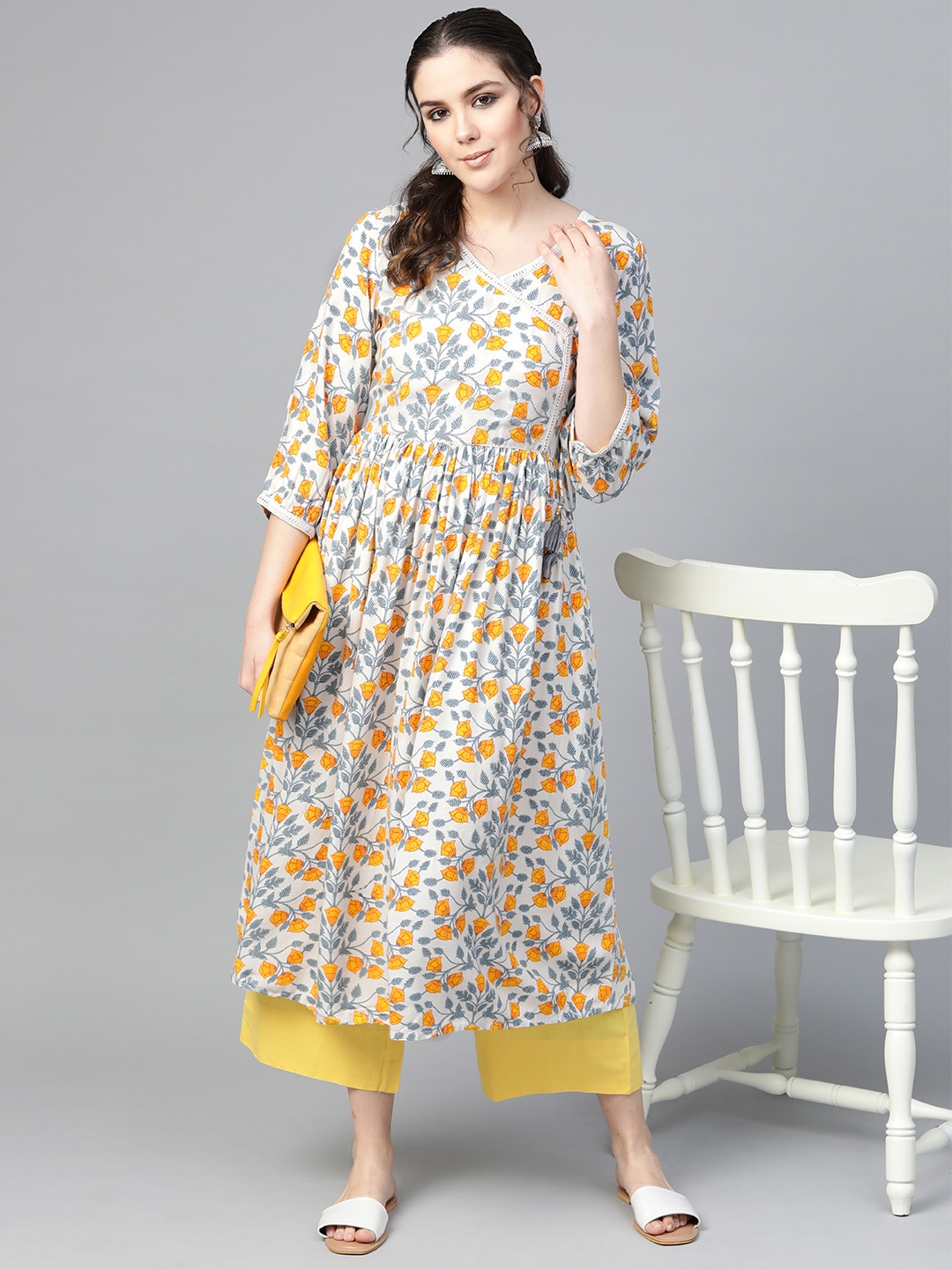

Varanga Women White & Blue Screen Print Angrakha Anarkali Kurta